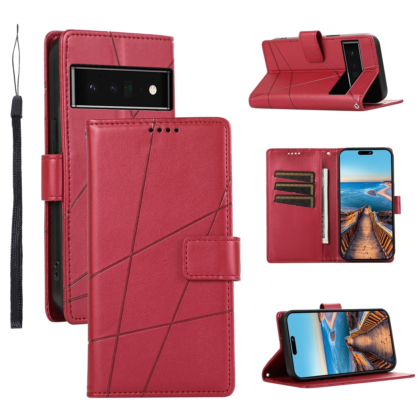 Google Pixel 6 Pro PU Genuine Leather Texture Embossed Line Phone Case with Card Wallet, Kickstand & Wrist Strap
