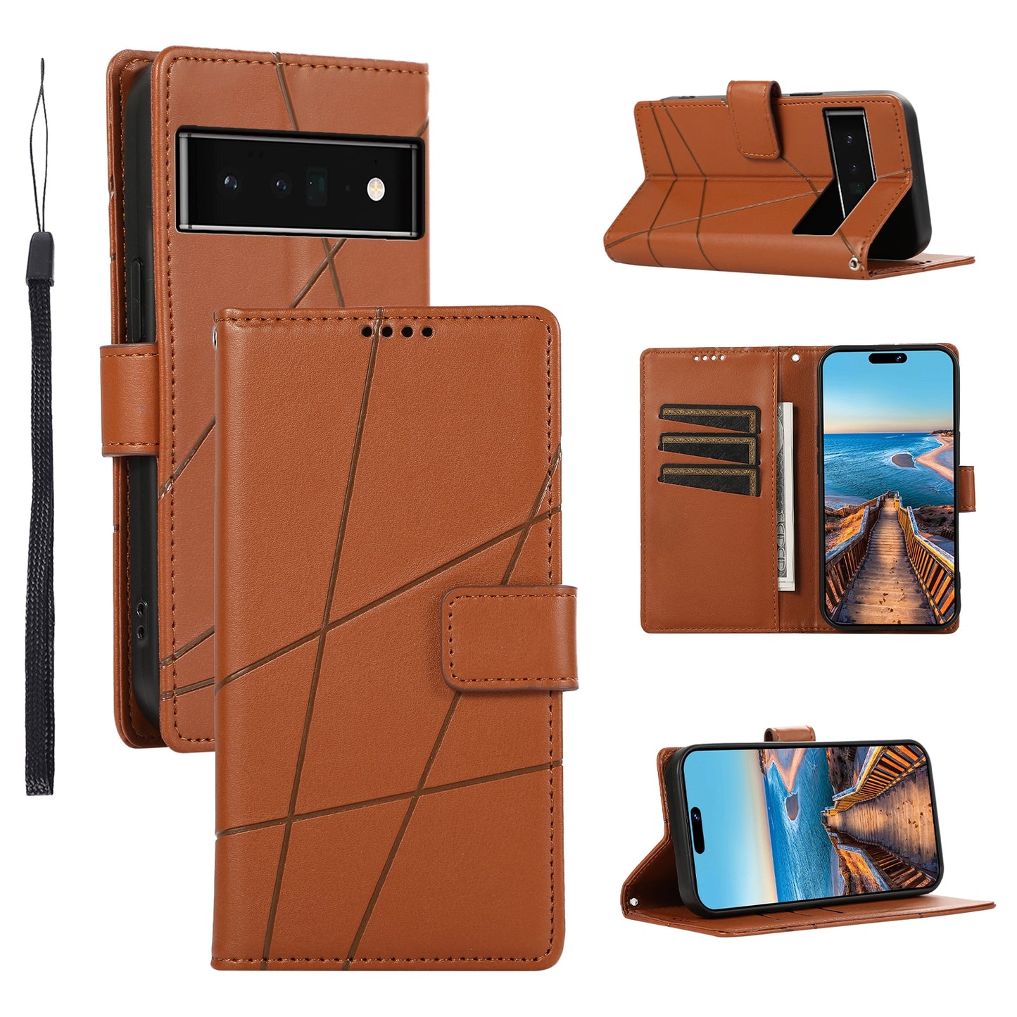 Google Pixel 6 Pro PU Genuine Leather Texture Embossed Line Phone Case with Card Wallet, Kickstand & Wrist Strap