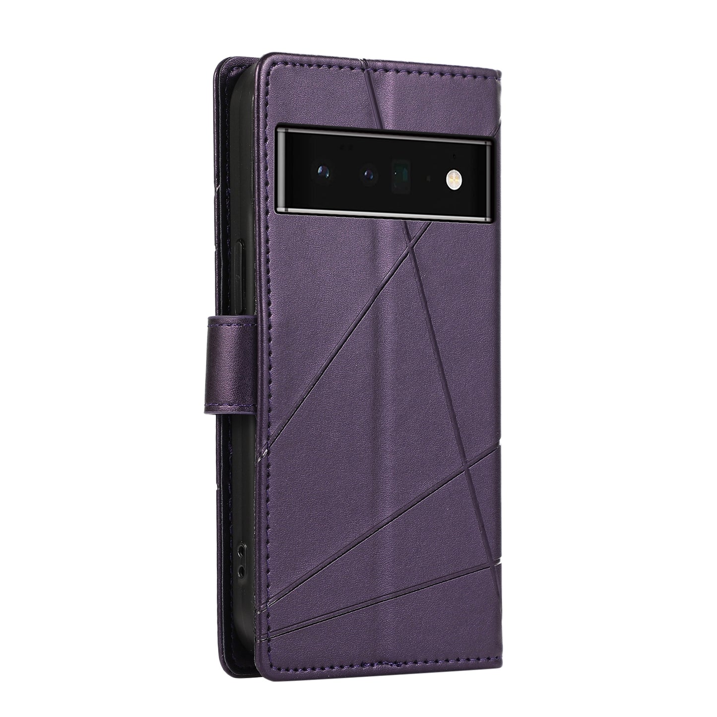 Google Pixel 6 Pro PU Genuine Leather Texture Embossed Line Phone Case with Card Wallet, Kickstand & Wrist Strap