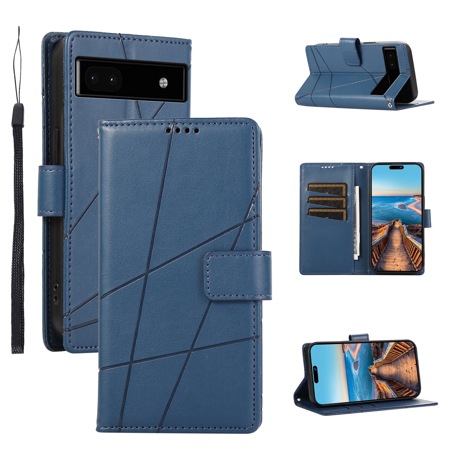 Google Pixel 6a PU Genuine Leather Texture Embossed Line Phone Case with Card Wallet, Kickstand & Wrist Strap