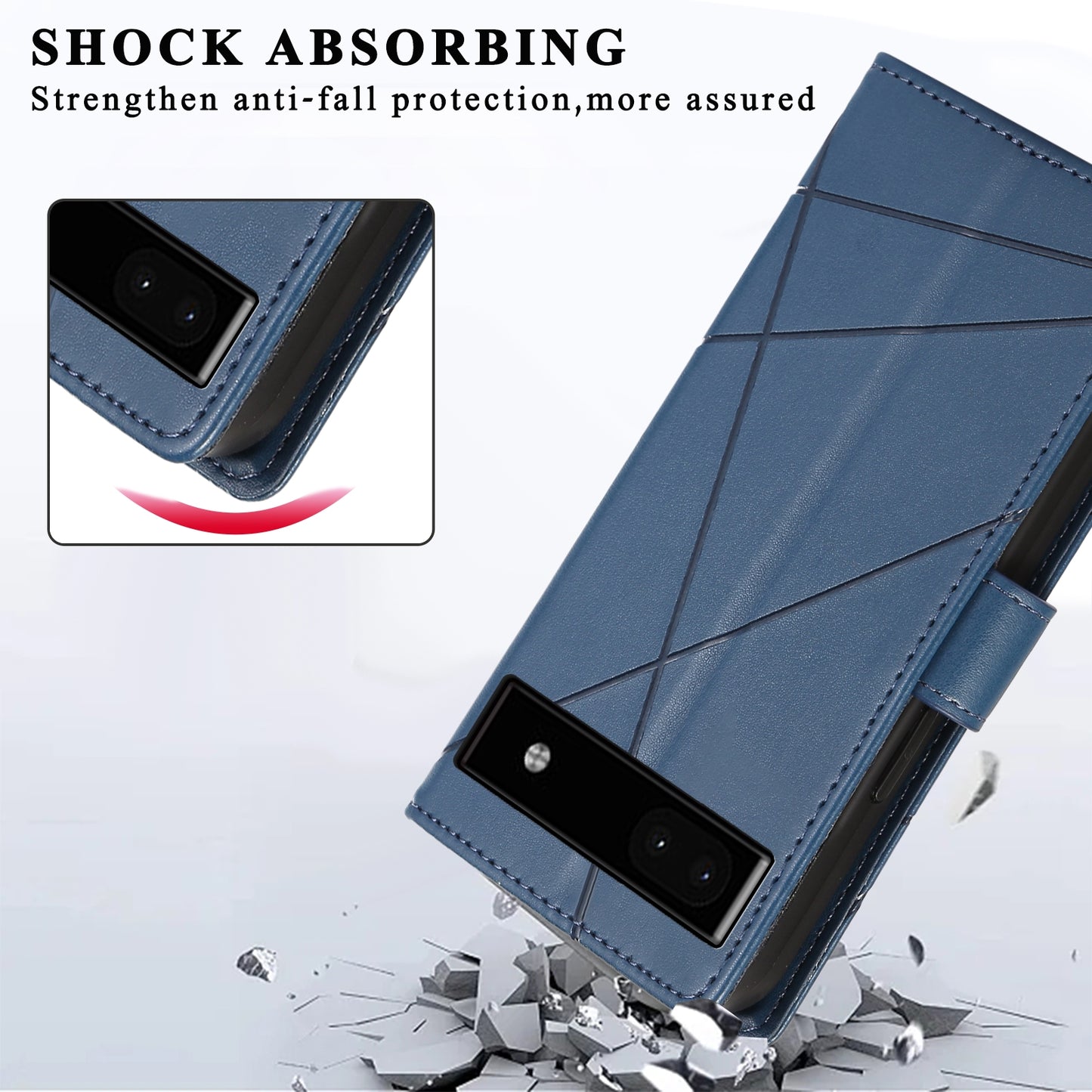 Google Pixel 6a PU Genuine Leather Texture Embossed Line Phone Case with Card Wallet, Kickstand & Wrist Strap