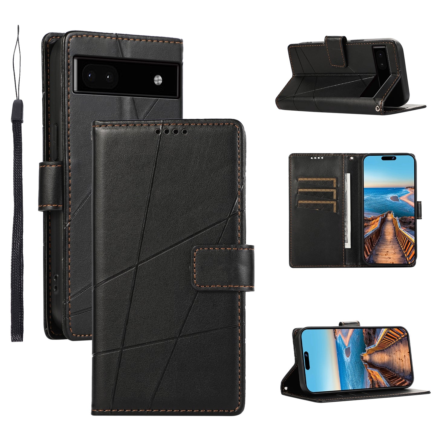 Google Pixel 6a PU Genuine Leather Texture Embossed Line Phone Case with Card Wallet, Kickstand & Wrist Strap
