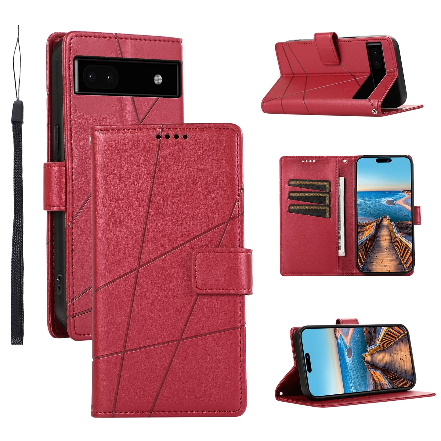 Google Pixel 6a PU Genuine Leather Texture Embossed Line Phone Case with Card Wallet, Kickstand & Wrist Strap