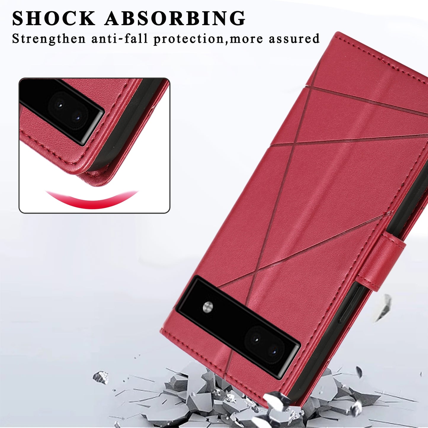 Google Pixel 6a PU Genuine Leather Texture Embossed Line Phone Case with Card Wallet, Kickstand & Wrist Strap