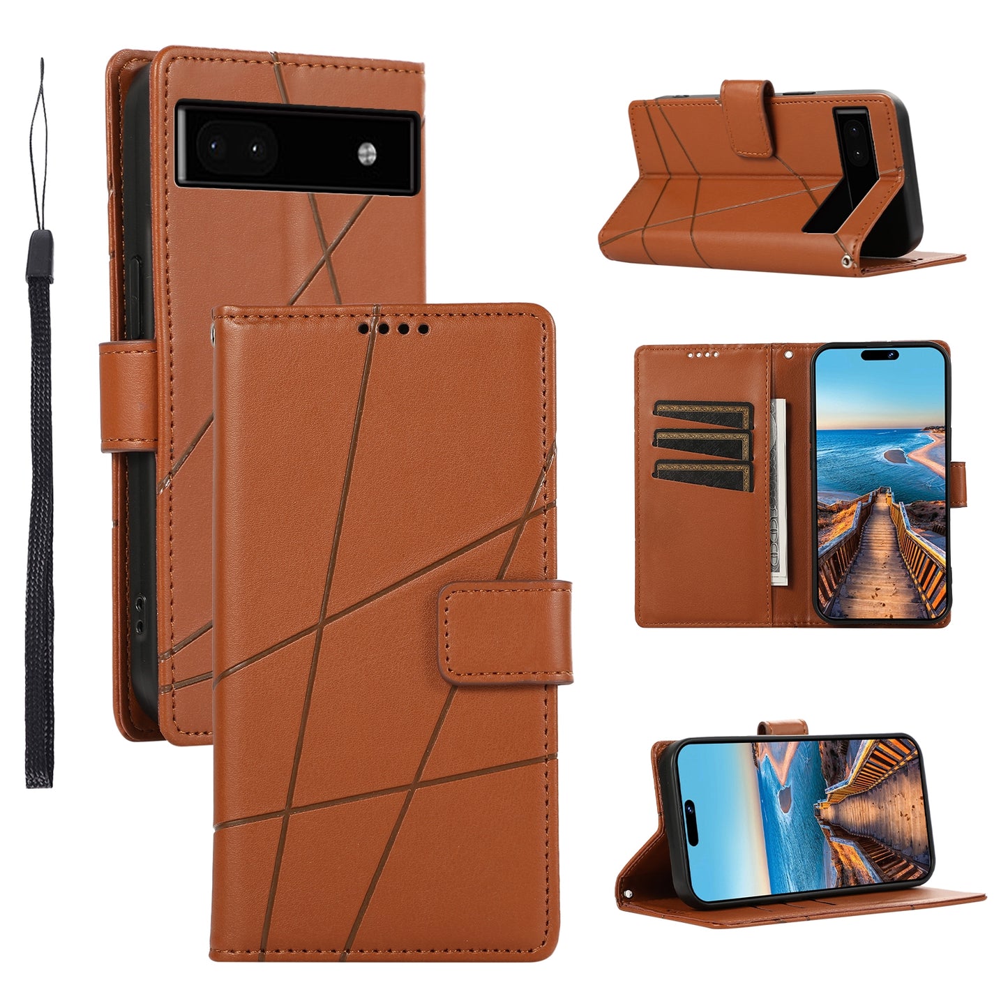 Google Pixel 6a PU Genuine Leather Texture Embossed Line Phone Case with Card Wallet, Kickstand & Wrist Strap