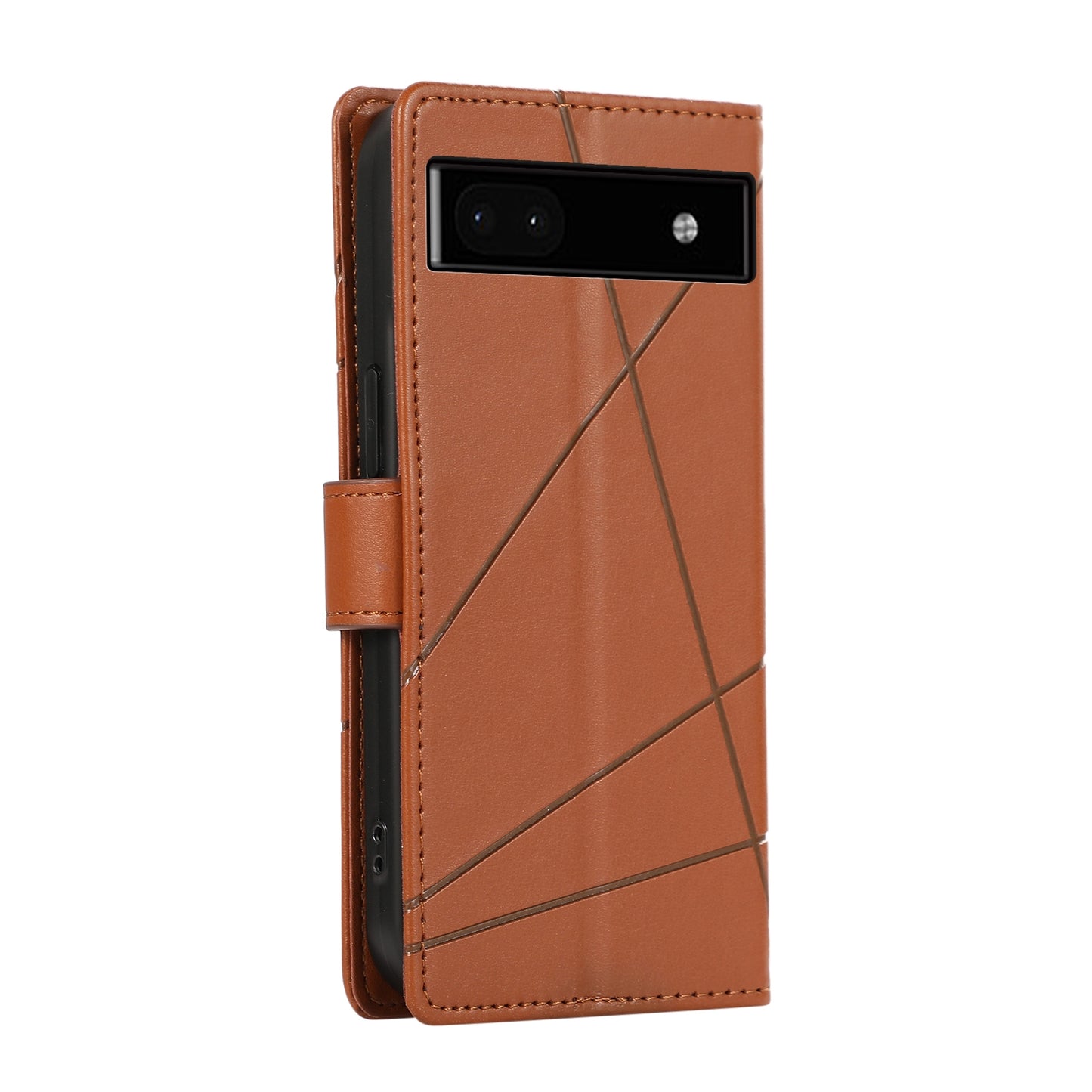 Google Pixel 6a PU Genuine Leather Texture Embossed Line Phone Case with Card Wallet, Kickstand & Wrist Strap