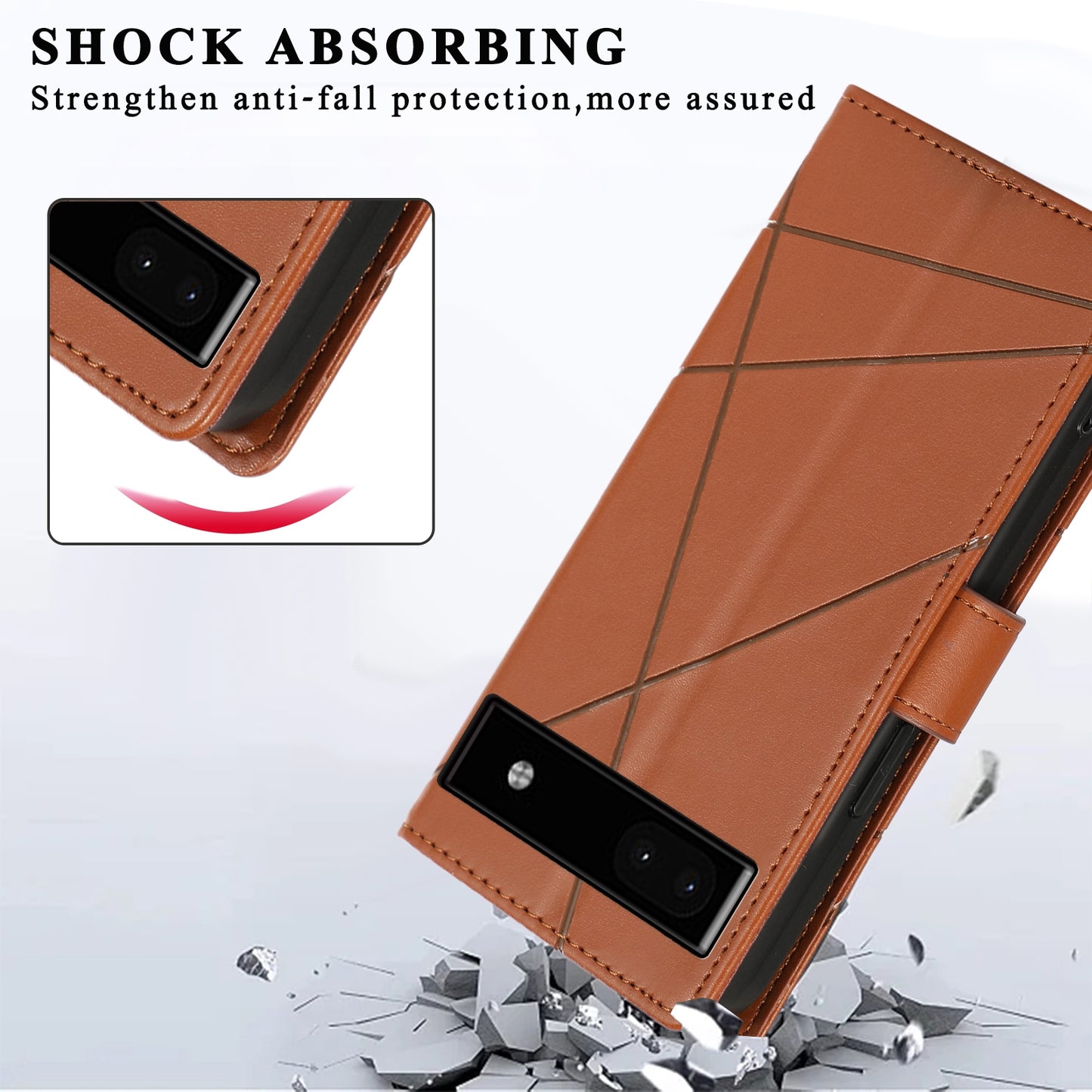 Google Pixel 6a PU Genuine Leather Texture Embossed Line Phone Case with Card Wallet, Kickstand & Wrist Strap