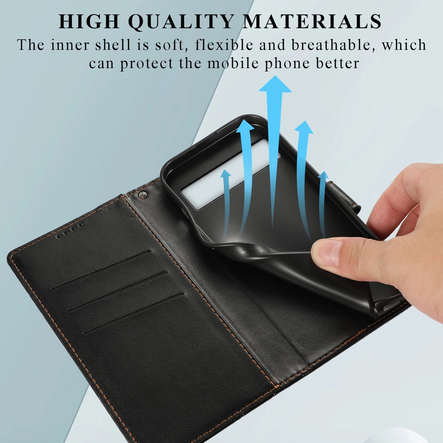 Google Pixel 7 PU Genuine Leather Texture Embossed Line Phone Case with Card Wallet, Kickstand & Wrist Strap
