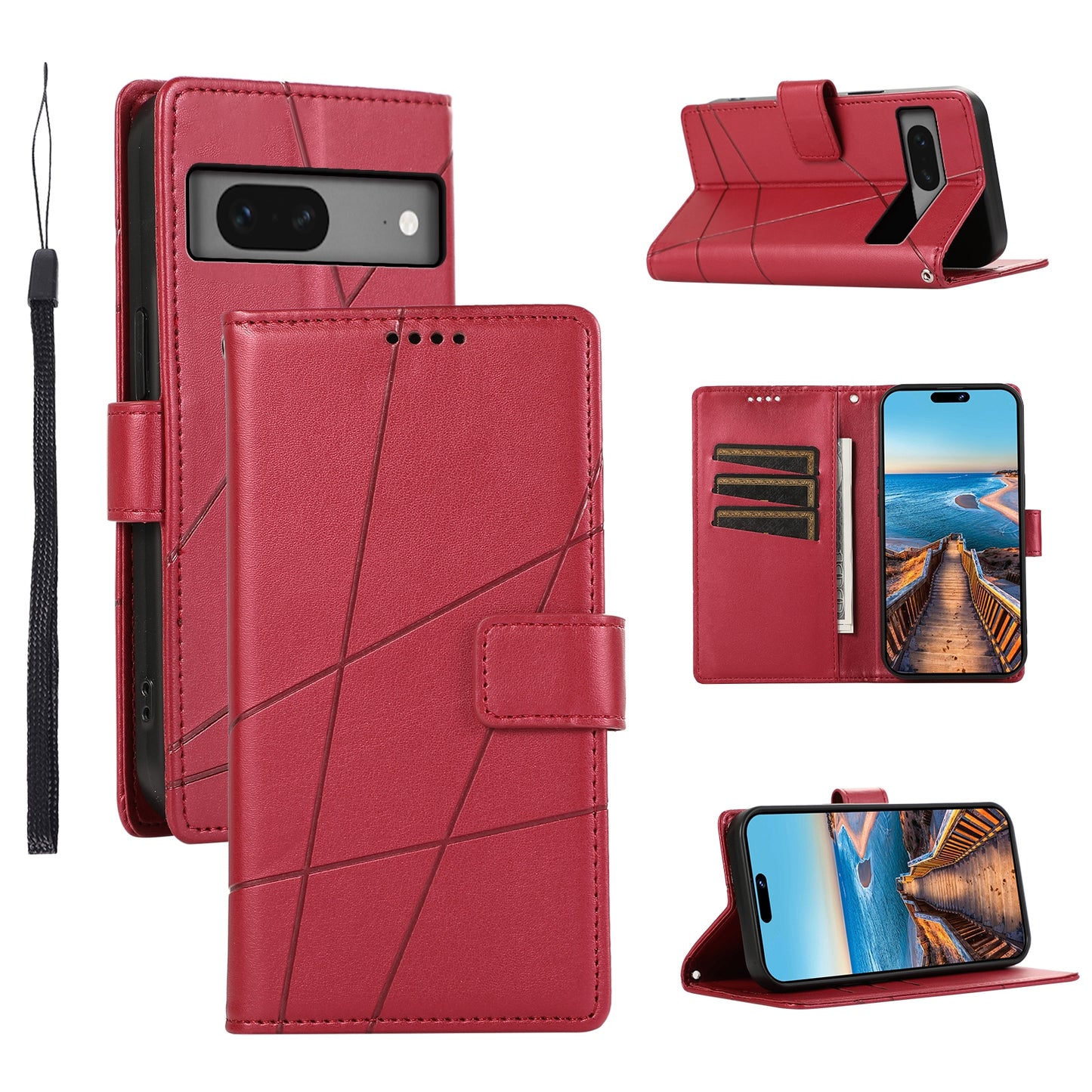 Google Pixel 7 PU Genuine Leather Texture Embossed Line Phone Case with Card Wallet, Kickstand & Wrist Strap