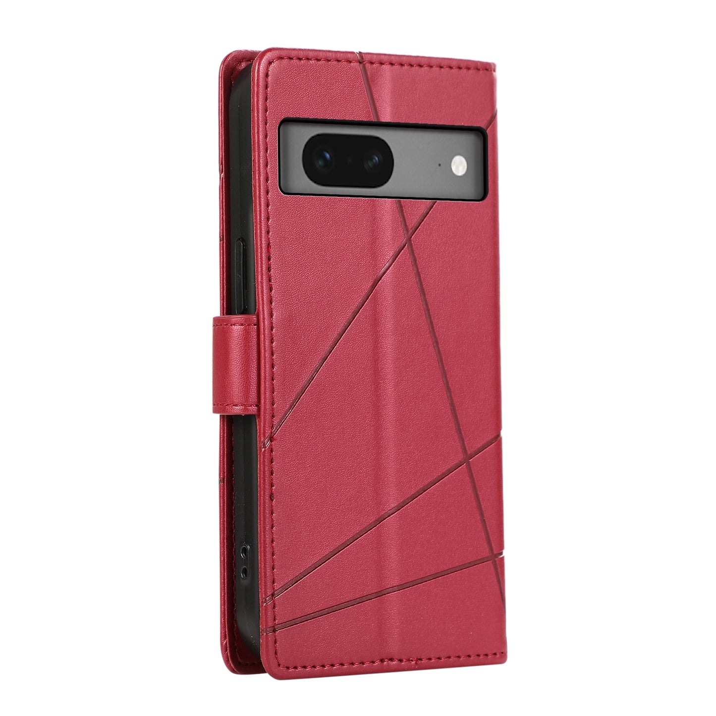Google Pixel 7 PU Genuine Leather Texture Embossed Line Phone Case with Card Wallet, Kickstand & Wrist Strap