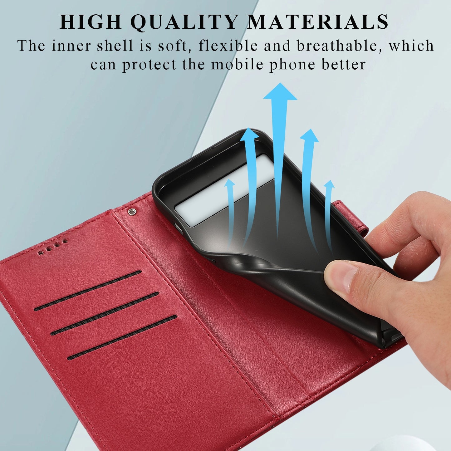 Google Pixel 7 PU Genuine Leather Texture Embossed Line Phone Case with Card Wallet, Kickstand & Wrist Strap