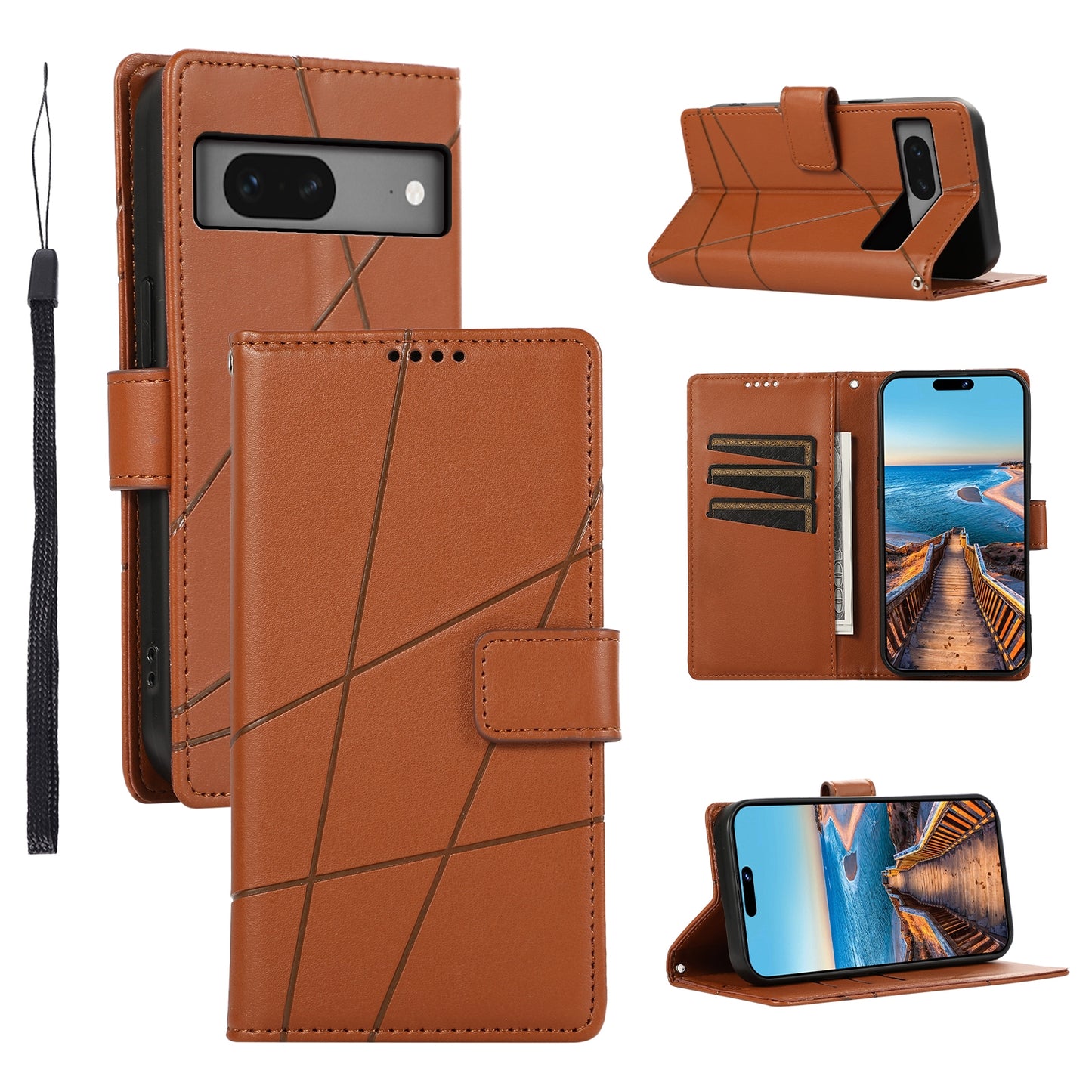 Google Pixel 7 PU Genuine Leather Texture Embossed Line Phone Case with Card Wallet, Kickstand & Wrist Strap
