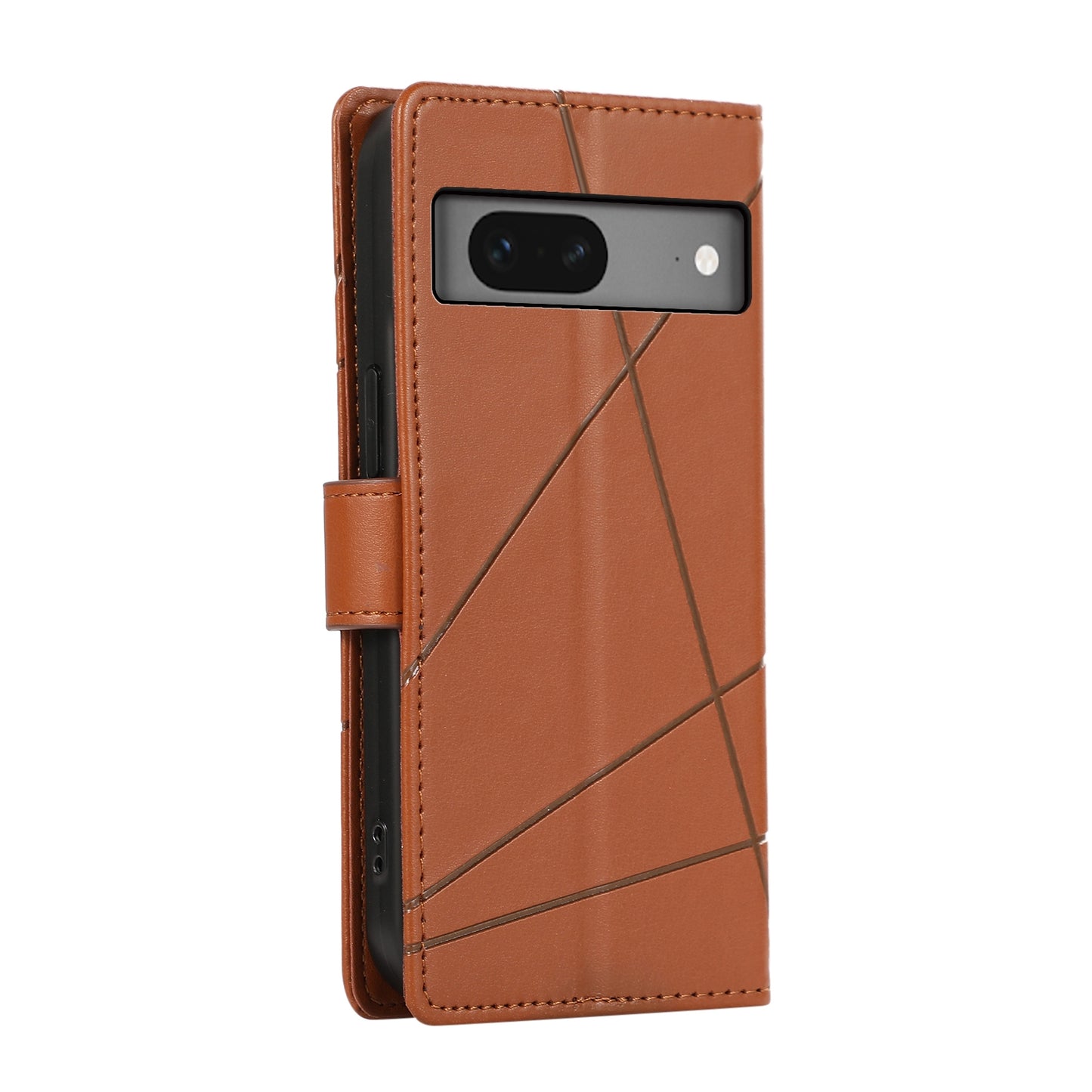 Google Pixel 7 PU Genuine Leather Texture Embossed Line Phone Case with Card Wallet, Kickstand & Wrist Strap