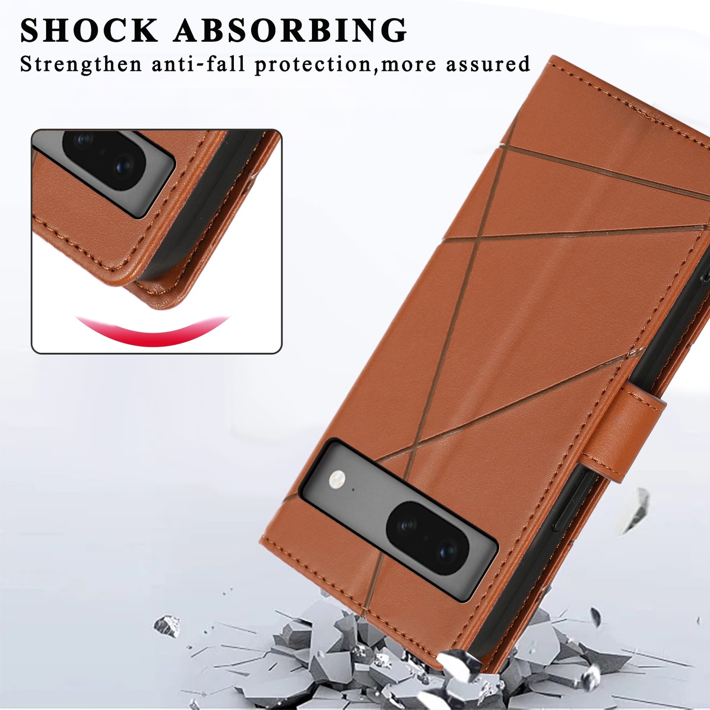 Google Pixel 7 PU Genuine Leather Texture Embossed Line Phone Case with Card Wallet, Kickstand & Wrist Strap