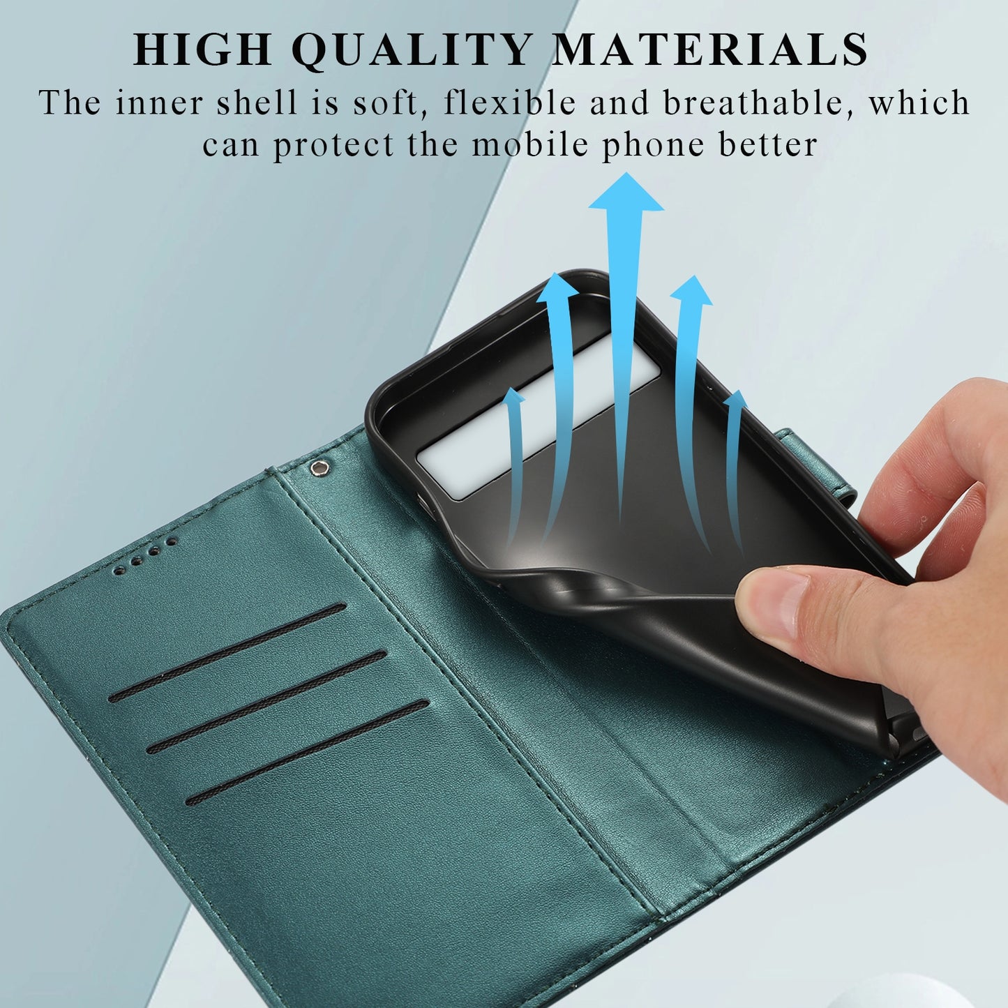 Google Pixel 7 PU Genuine Leather Texture Embossed Line Phone Case with Card Wallet, Kickstand & Wrist Strap