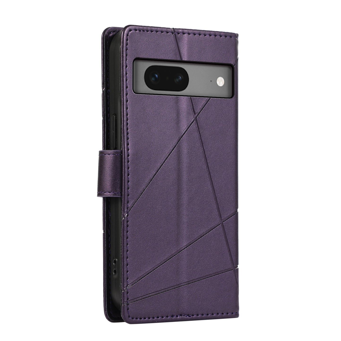 Google Pixel 7 PU Genuine Leather Texture Embossed Line Phone Case with Card Wallet, Kickstand & Wrist Strap