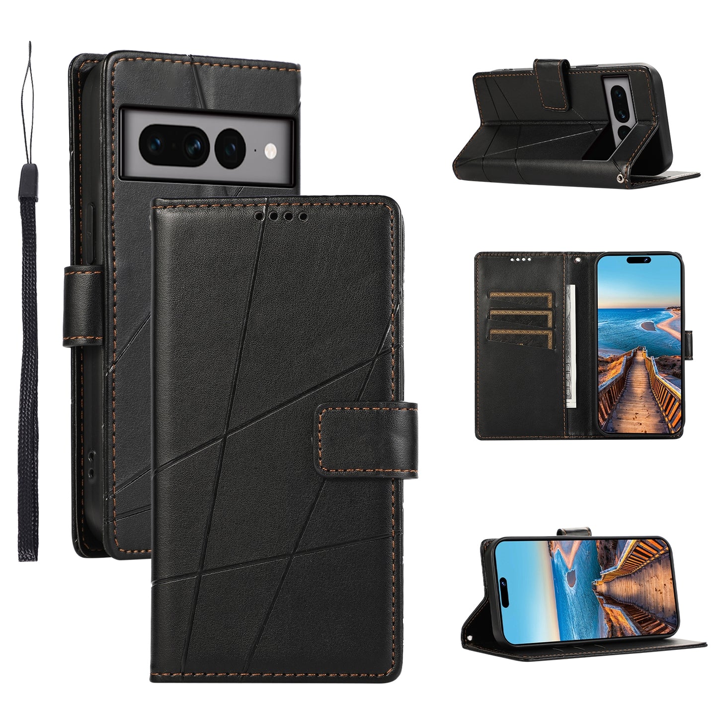 Google Pixel 7 Pro PU Genuine Leather Texture Embossed Line Phone Case with Card Wallet, Kickstand & Wrist Strap