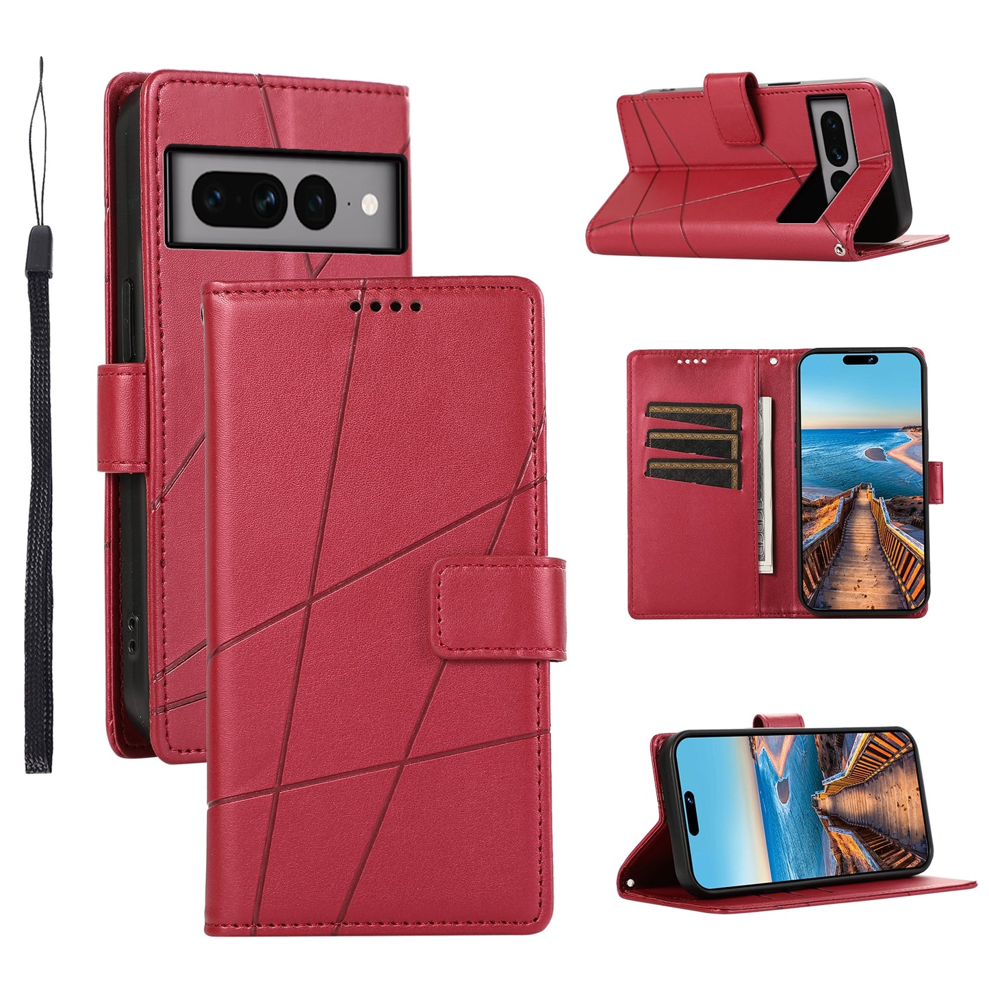 Google Pixel 7 Pro PU Genuine Leather Texture Embossed Line Phone Case with Card Wallet, Kickstand & Wrist Strap