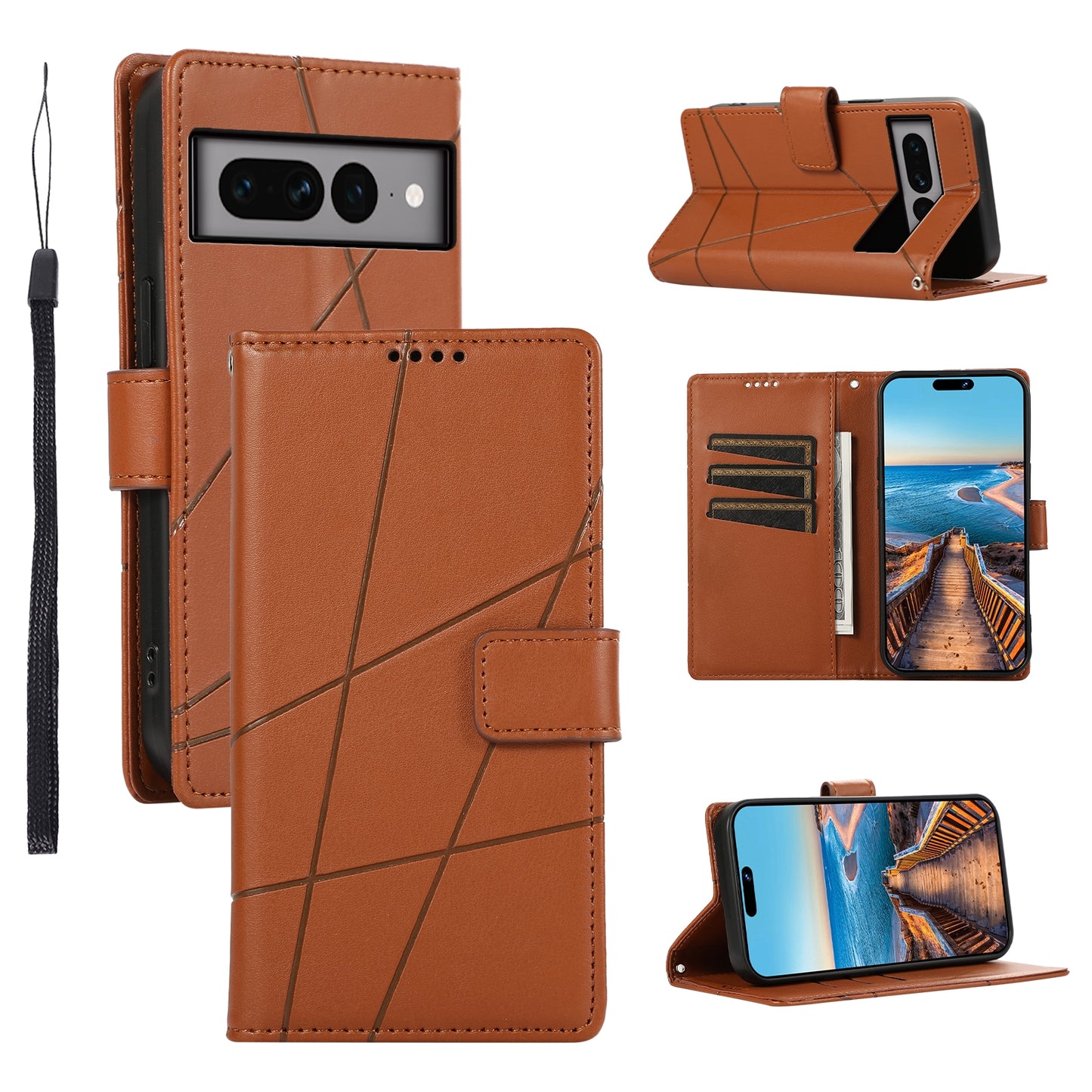 Google Pixel 7 Pro PU Genuine Leather Texture Embossed Line Phone Case with Card Wallet, Kickstand & Wrist Strap