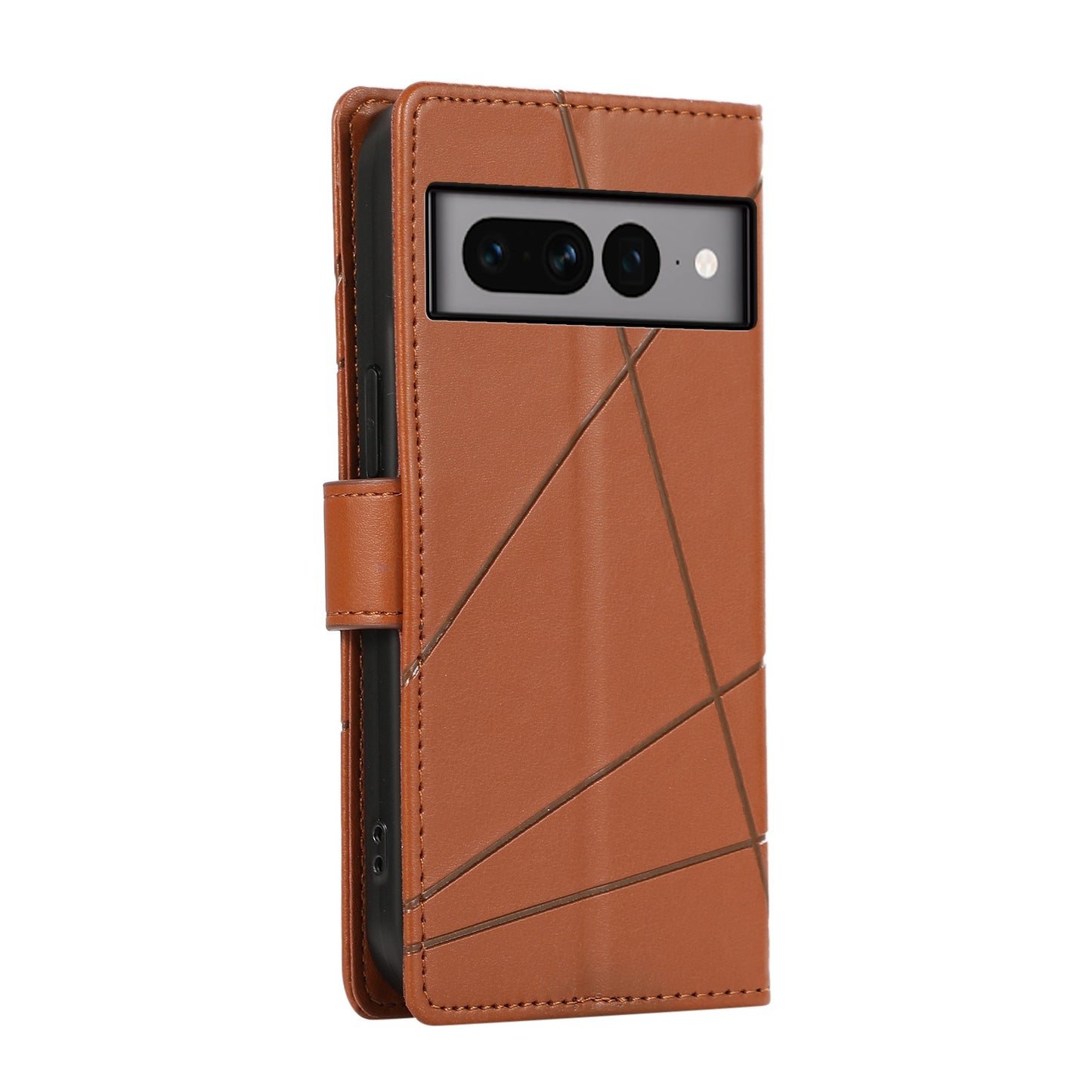 Google Pixel 7 Pro PU Genuine Leather Texture Embossed Line Phone Case with Card Wallet, Kickstand & Wrist Strap