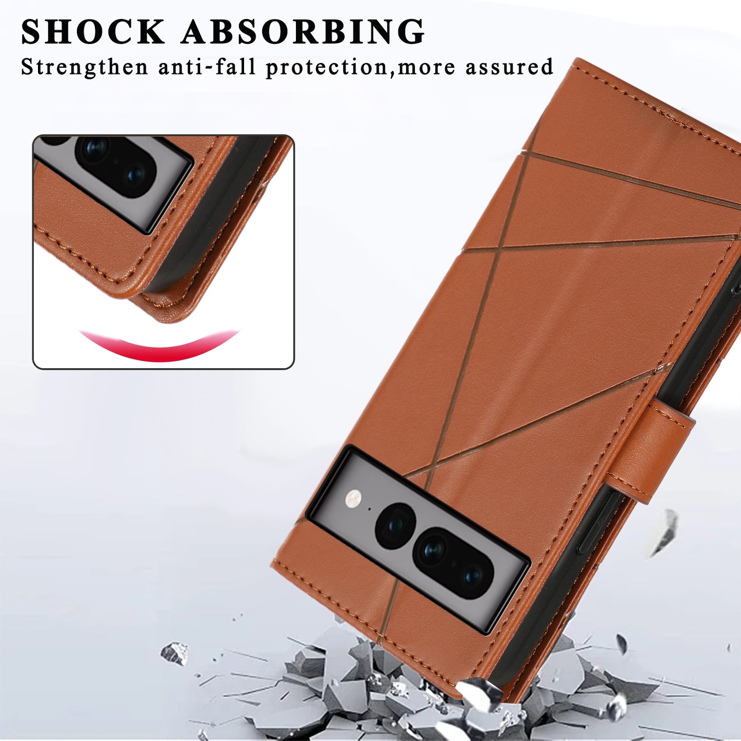 Google Pixel 7 Pro PU Genuine Leather Texture Embossed Line Phone Case with Card Wallet, Kickstand & Wrist Strap