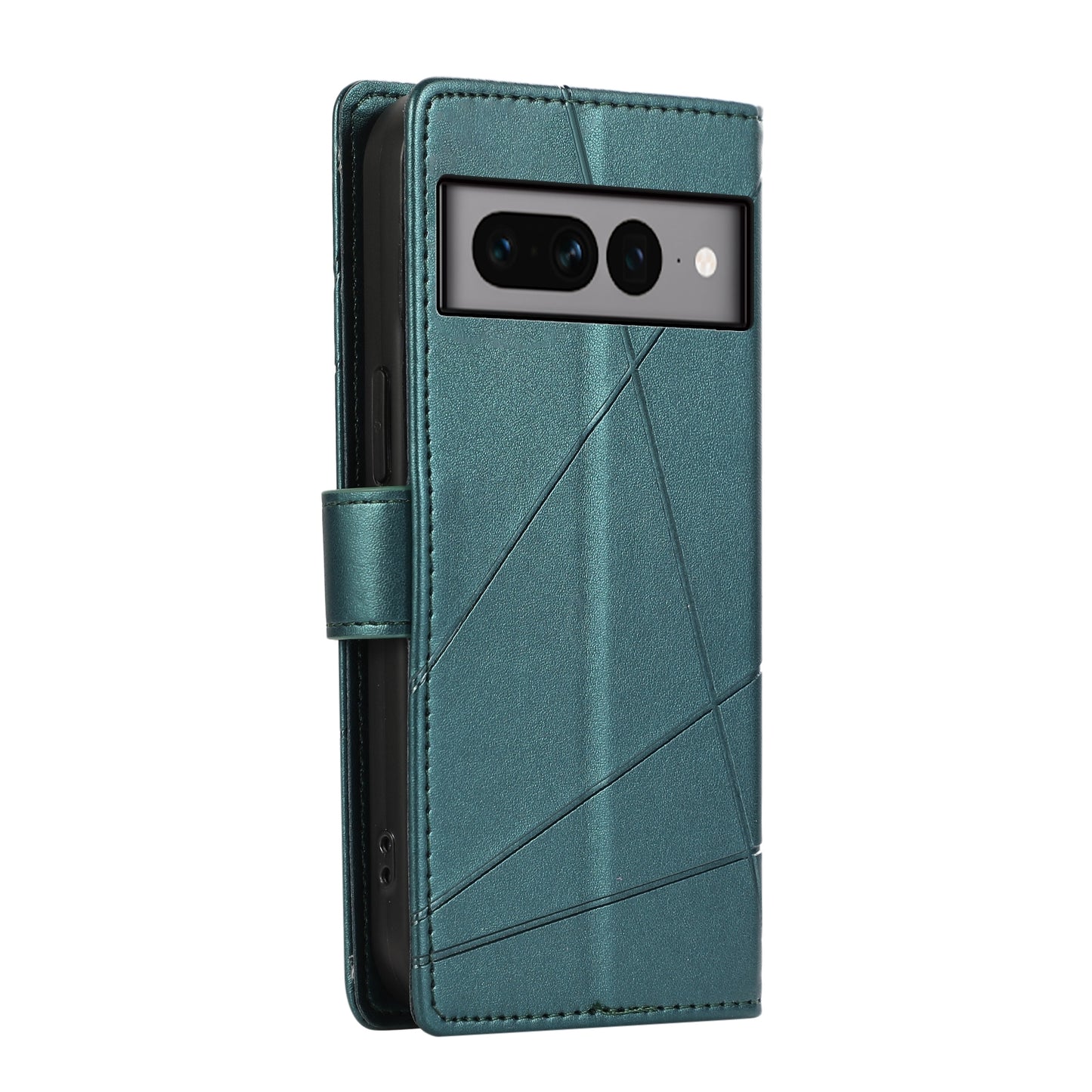 Google Pixel 7 Pro PU Genuine Leather Texture Embossed Line Phone Case with Card Wallet, Kickstand & Wrist Strap