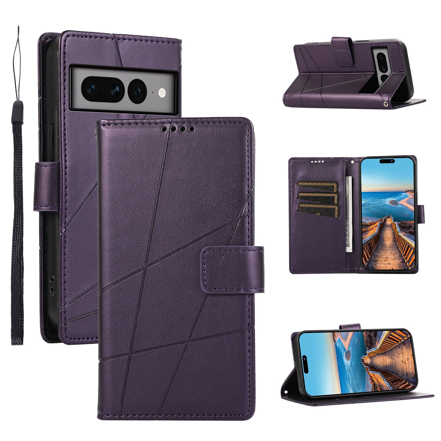 Google Pixel 7 Pro PU Genuine Leather Texture Embossed Line Phone Case with Card Wallet, Kickstand & Wrist Strap