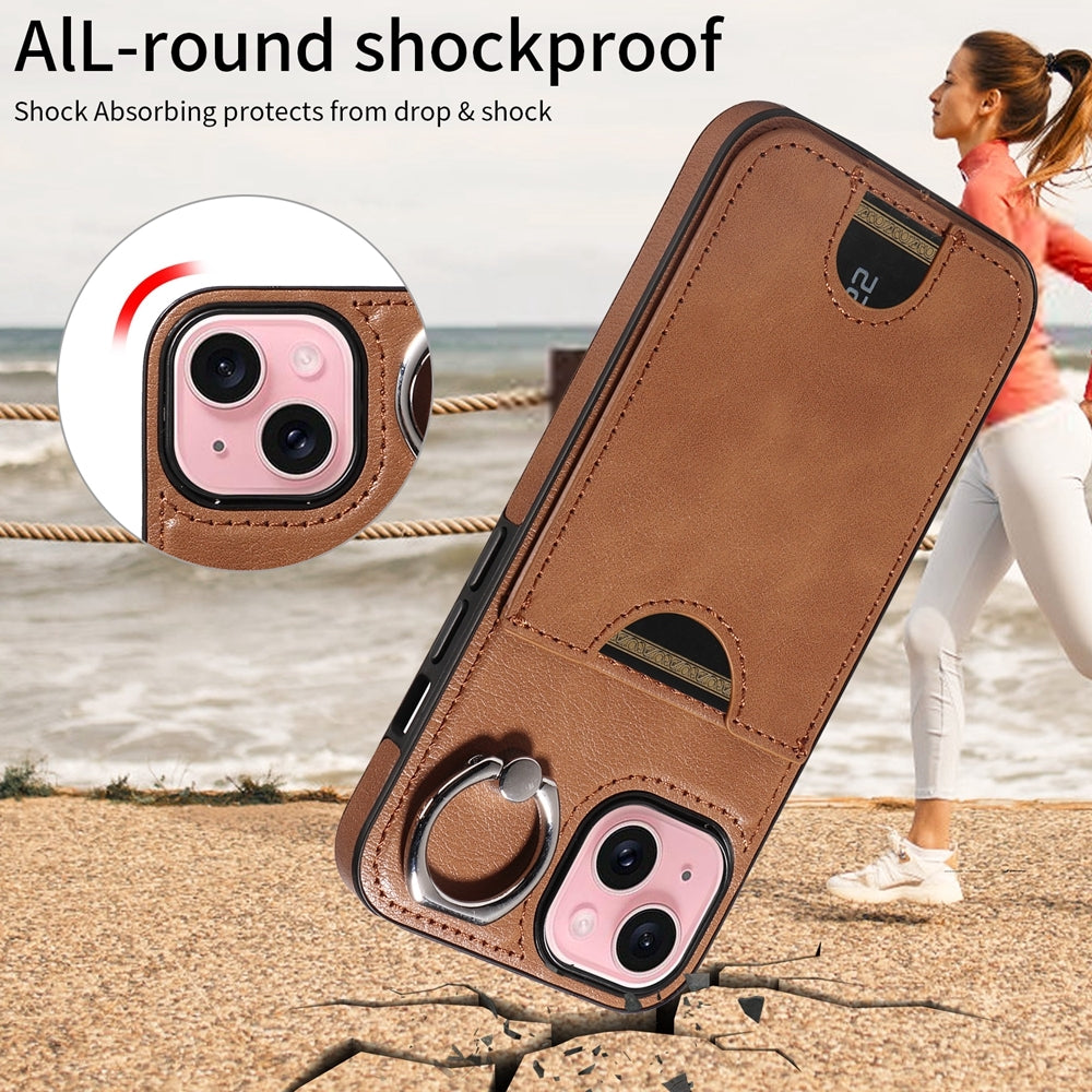 iPhone 15 Calf Texture Phone Case with Card Slot & Ring Holder - Durable & Stylish Protection