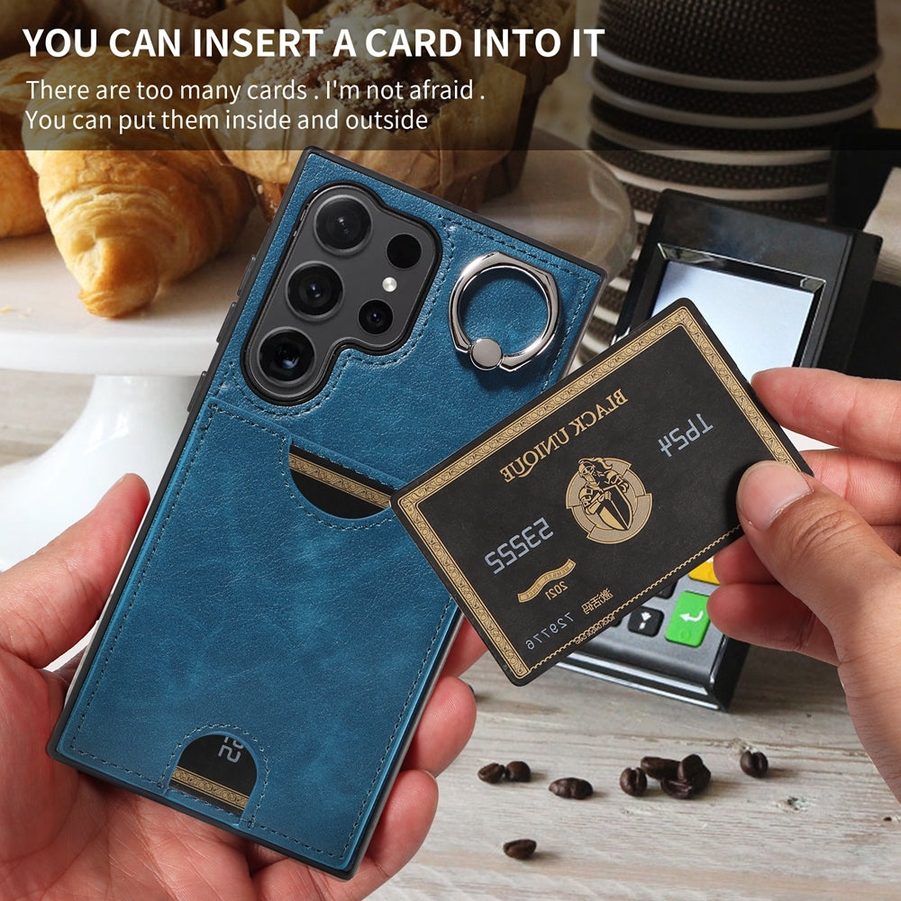 Samsung Galaxy S24 Ultra 5G Calf Texture Phone Case with Card Slot & Ring Holder - Durable & Stylish Protection