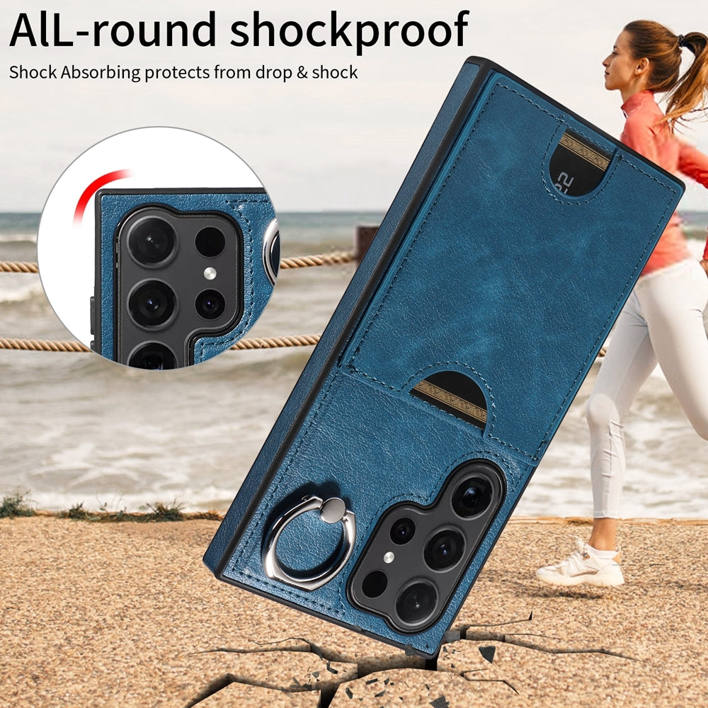 Samsung Galaxy S24 Ultra 5G Calf Texture Phone Case with Card Slot & Ring Holder - Durable & Stylish Protection
