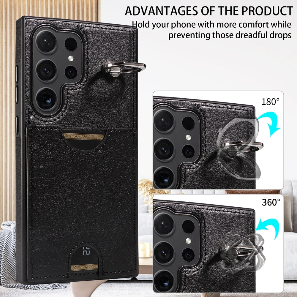 Samsung Galaxy S24 Ultra 5G Calf Texture Phone Case with Card Slot & Ring Holder - Durable & Stylish Protection