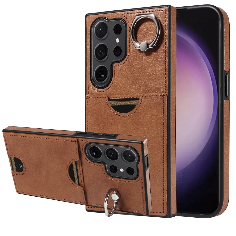 Samsung Galaxy S24 Ultra 5G Calf Texture Phone Case with Card Slot & Ring Holder - Durable & Stylish Protection