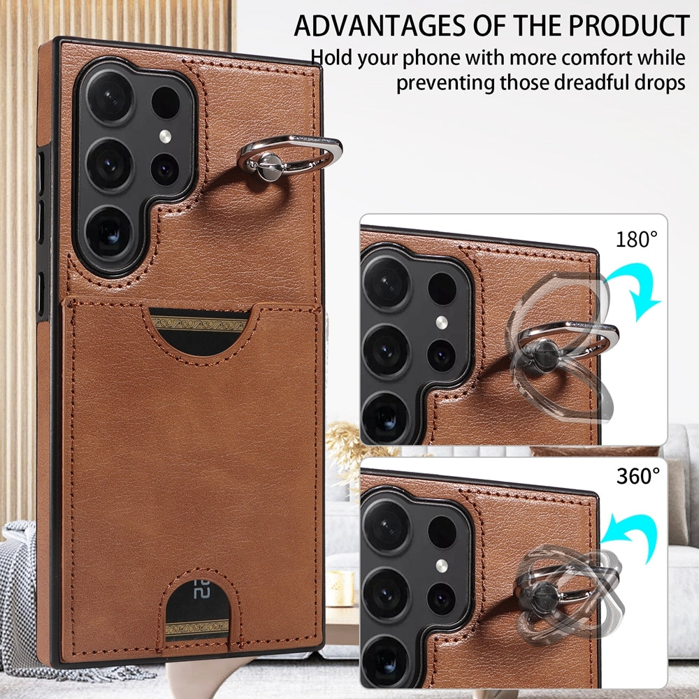 Samsung Galaxy S24 Ultra 5G Calf Texture Phone Case with Card Slot & Ring Holder - Durable & Stylish Protection