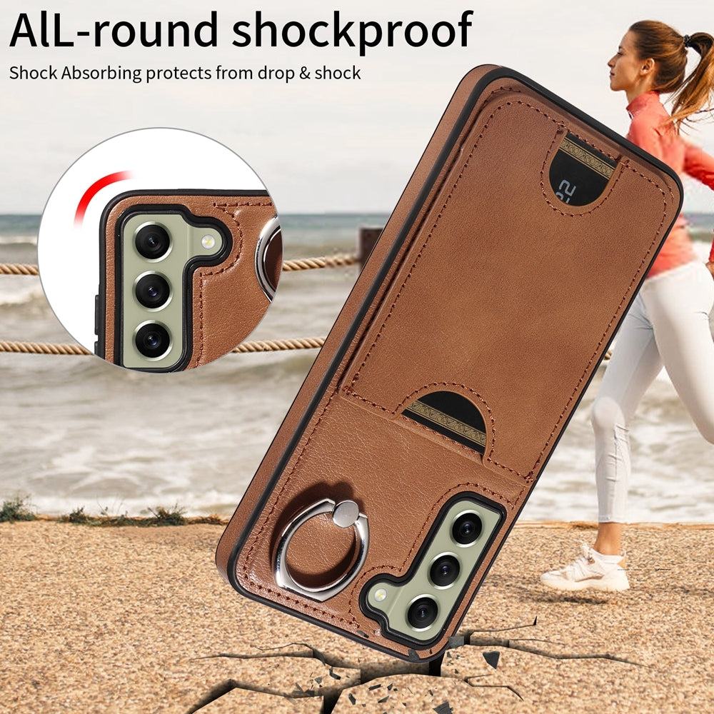 Samsung Galaxy S21 FE 5G Calf Texture Phone Case with Card Slot & Ring Holder - Durable & Stylish Protection