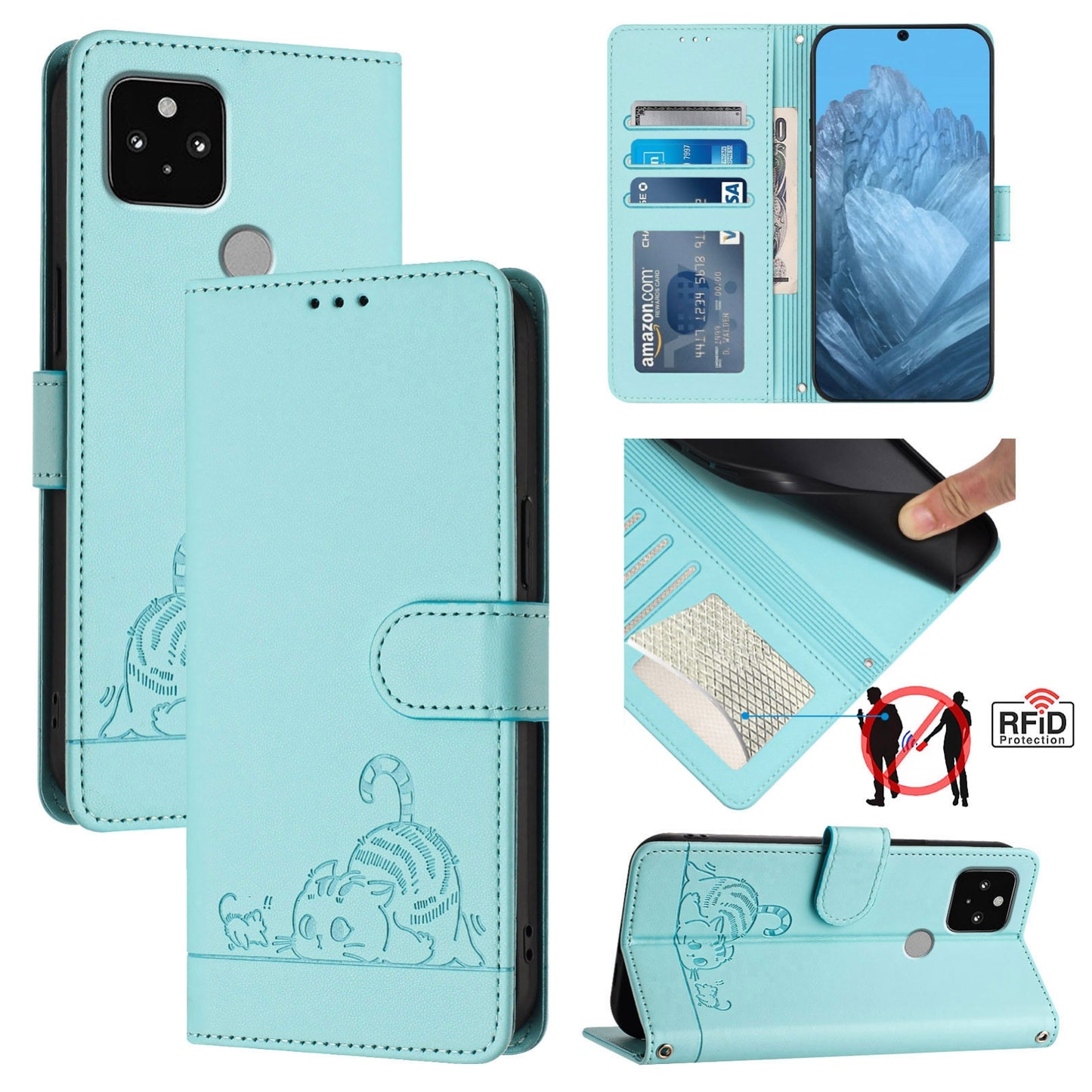 Google Pixel 5 Leather Phone Case with Cat and Rat Embossed Pattern, RFID Protection, Card Holder Slots, Anti-fall Feature & Lanyard