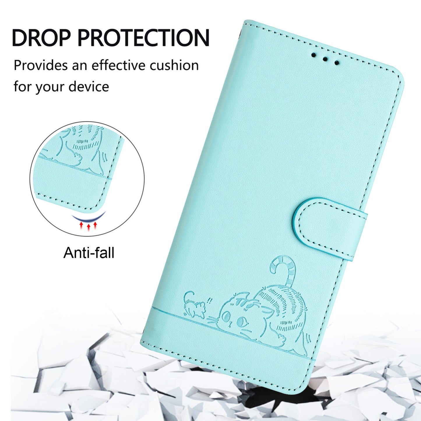 Google Pixel 5 Leather Phone Case with Cat and Rat Embossed Pattern, RFID Protection, Card Holder Slots, Anti-fall Feature & Lanyard