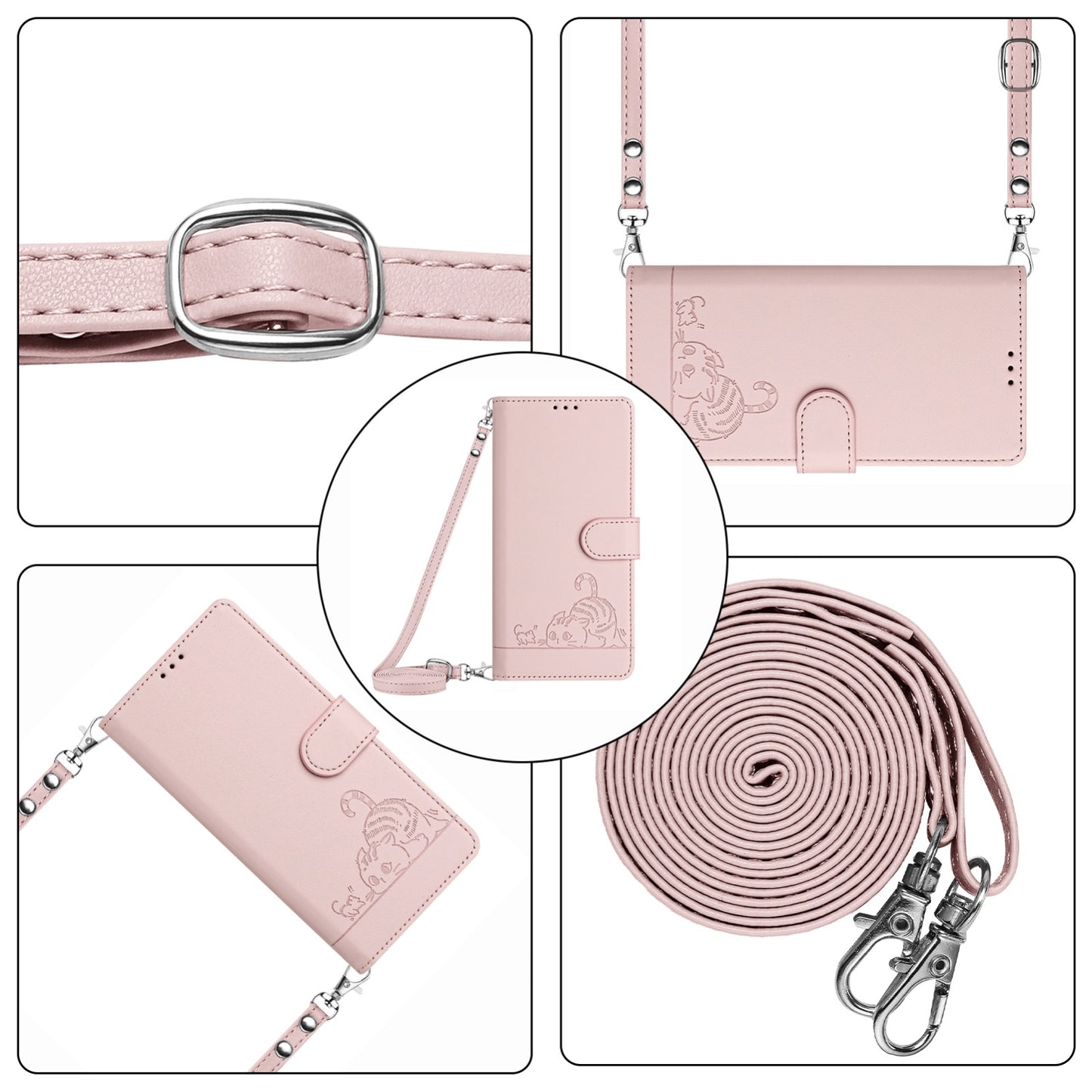 Google Pixel 5 Leather Phone Case with Cat and Rat Embossed Pattern, RFID Protection, Card Holder Slots, Anti-fall Feature & Lanyard