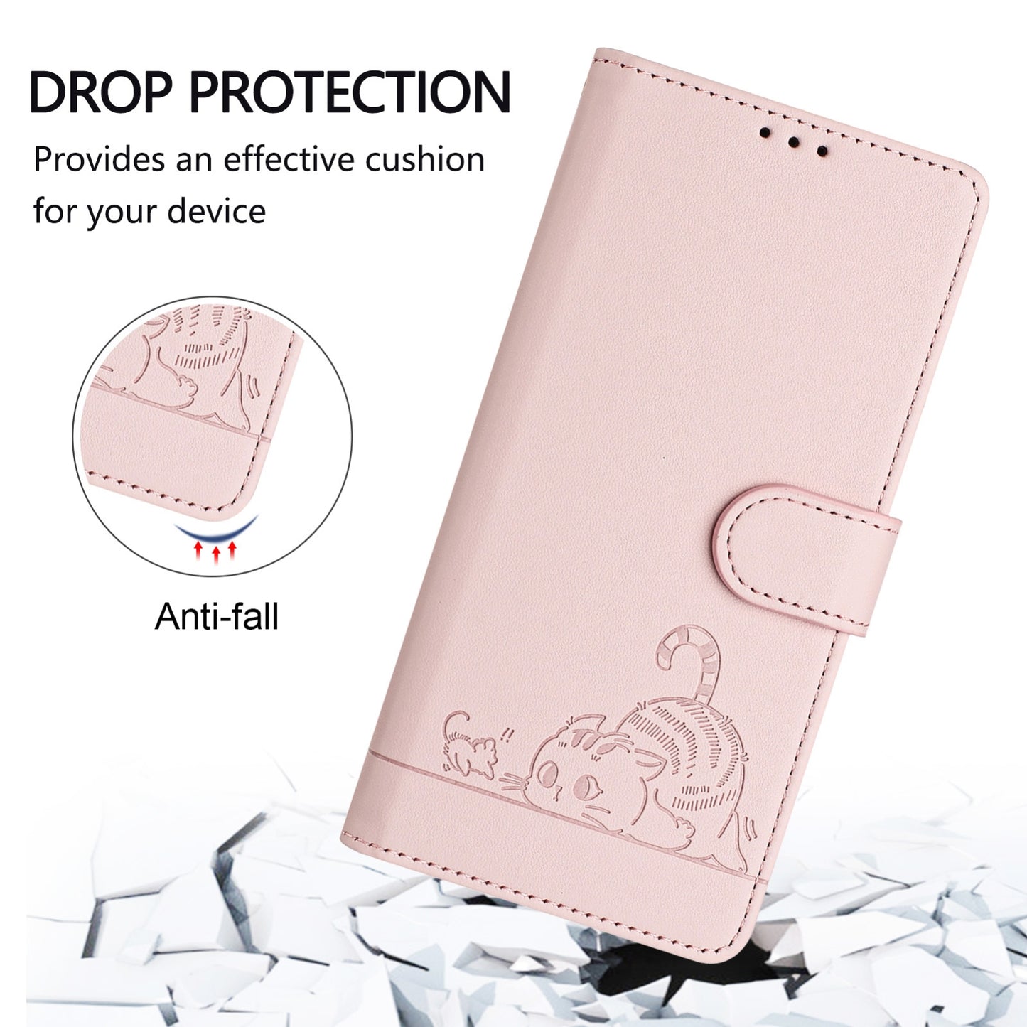 Google Pixel 5 Leather Phone Case with Cat and Rat Embossed Pattern, RFID Protection, Card Holder Slots, Anti-fall Feature & Lanyard