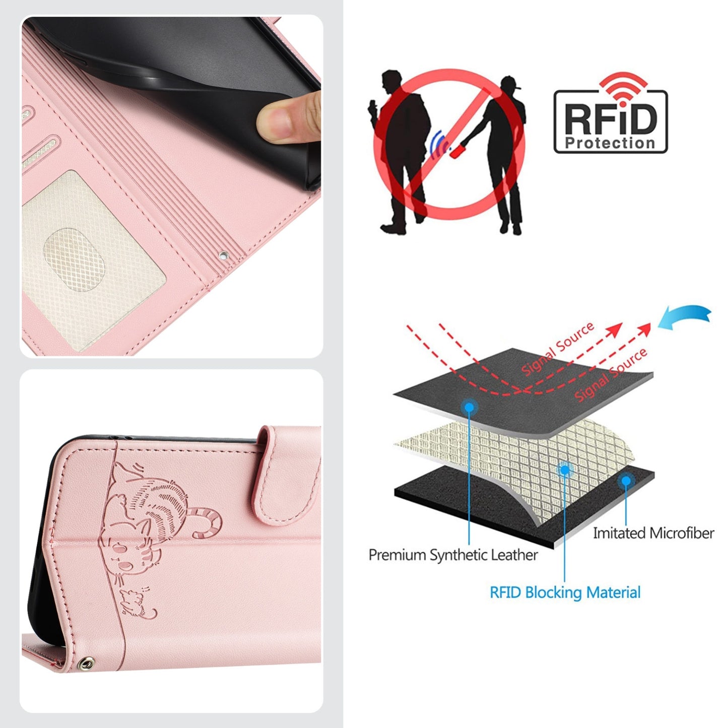 Google Pixel 5 Leather Phone Case with Cat and Rat Embossed Pattern, RFID Protection, Card Holder Slots, Anti-fall Feature & Lanyard