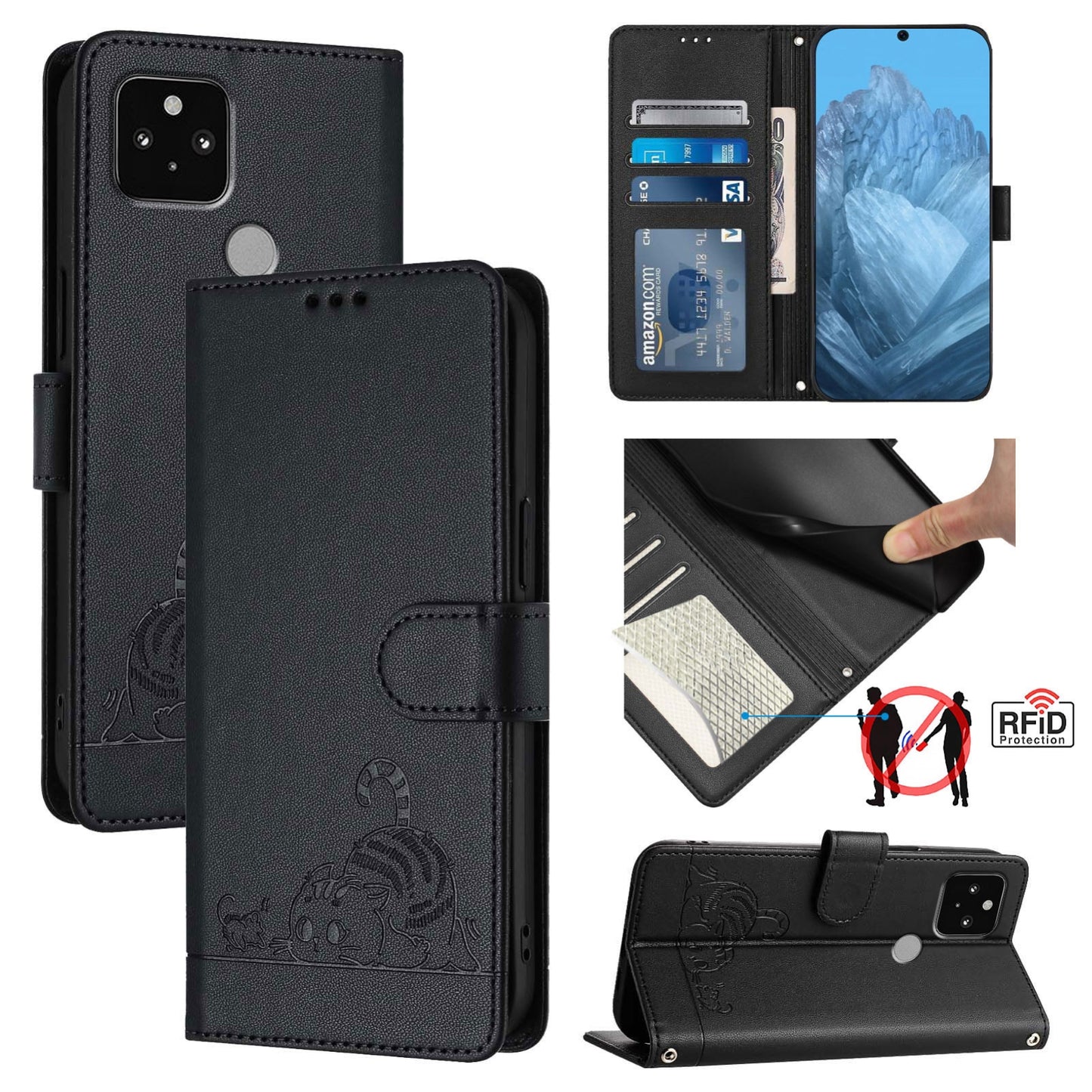 Google Pixel 5 Leather Phone Case with Cat and Rat Embossed Pattern, RFID Protection, Card Holder Slots, Anti-fall Feature & Lanyard