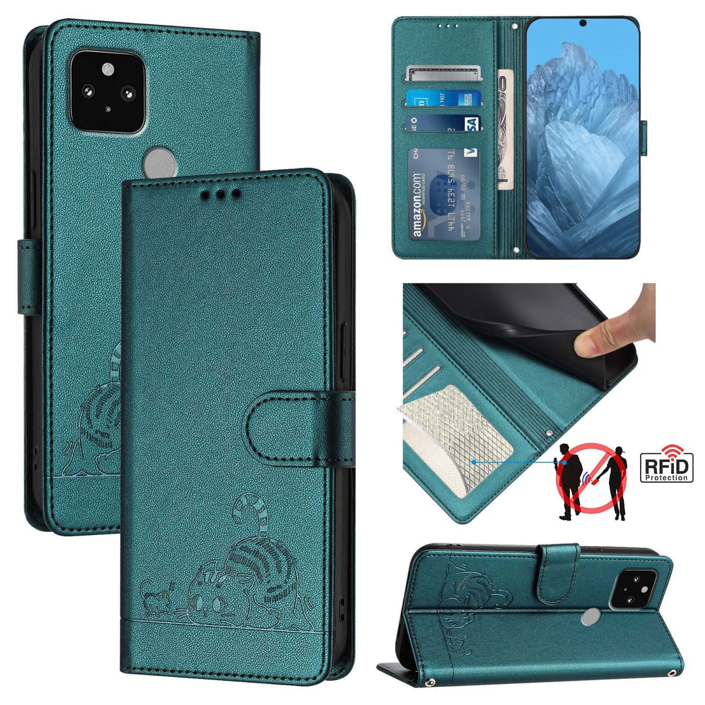 Google Pixel 5 Leather Phone Case with Cat and Rat Embossed Pattern, RFID Protection, Card Holder Slots, Anti-fall Feature & Lanyard