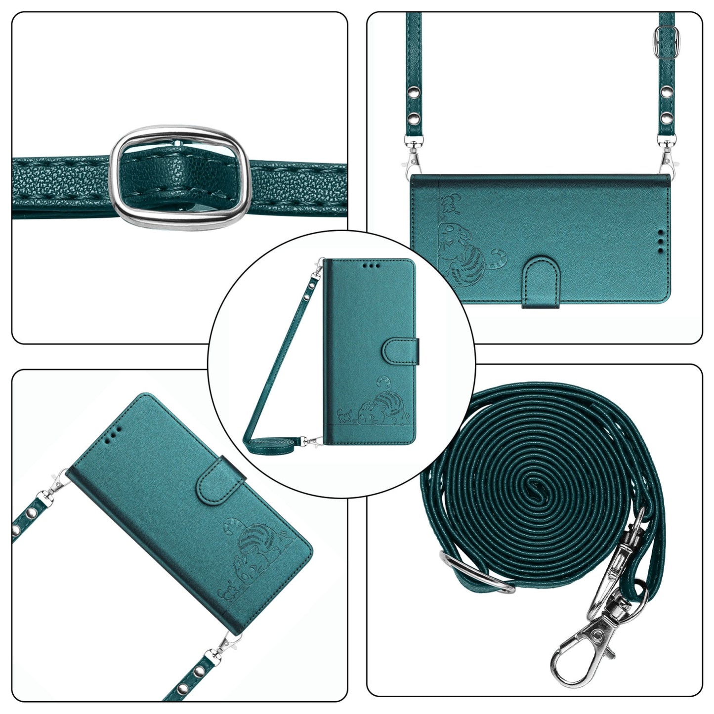 Google Pixel 5 Leather Phone Case with Cat and Rat Embossed Pattern, RFID Protection, Card Holder Slots, Anti-fall Feature & Lanyard