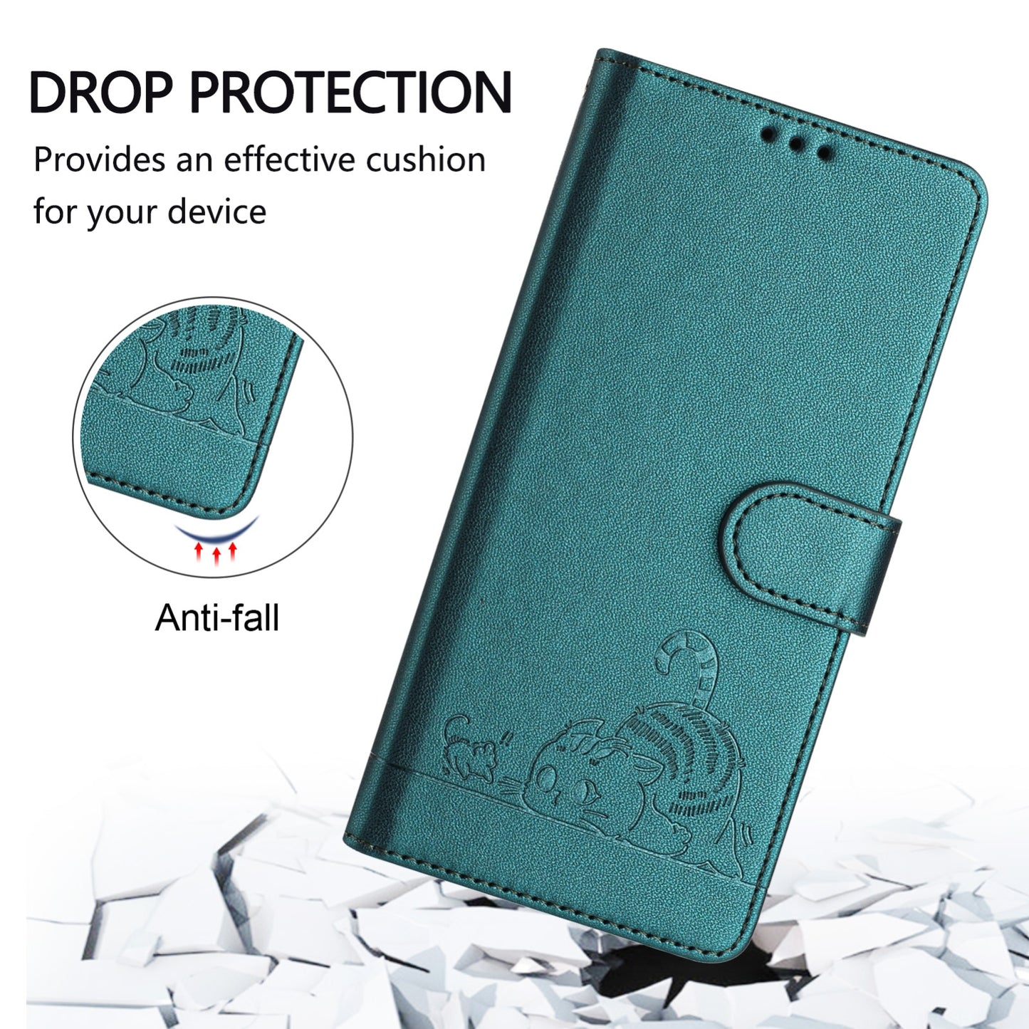 Google Pixel 5 Leather Phone Case with Cat and Rat Embossed Pattern, RFID Protection, Card Holder Slots, Anti-fall Feature & Lanyard