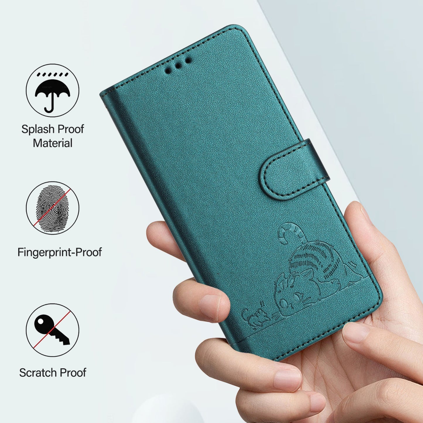 Google Pixel 5 Leather Phone Case with Cat and Rat Embossed Pattern, RFID Protection, Card Holder Slots, Anti-fall Feature & Lanyard