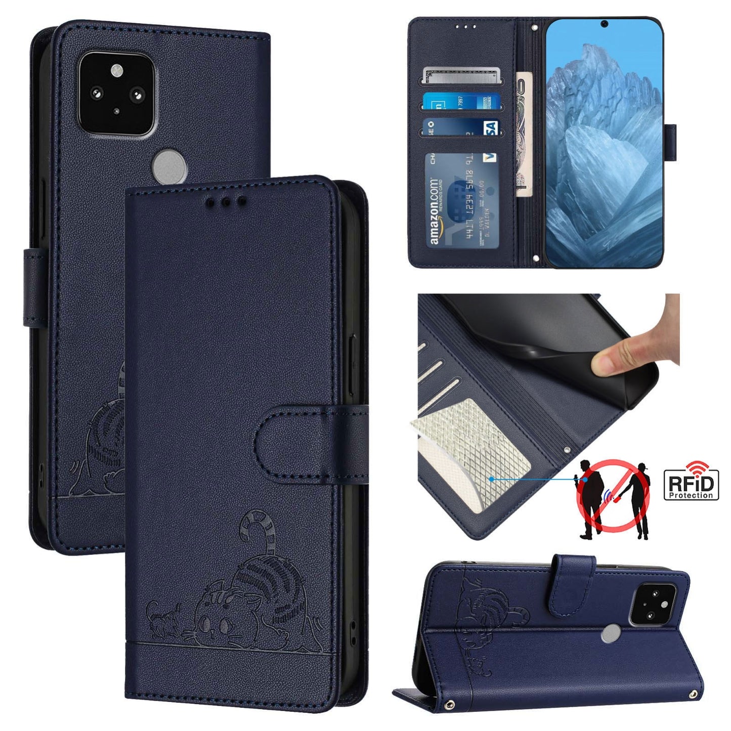 Google Pixel 5 Leather Phone Case with Cat and Rat Embossed Pattern, RFID Protection, Card Holder Slots, Anti-fall Feature & Lanyard