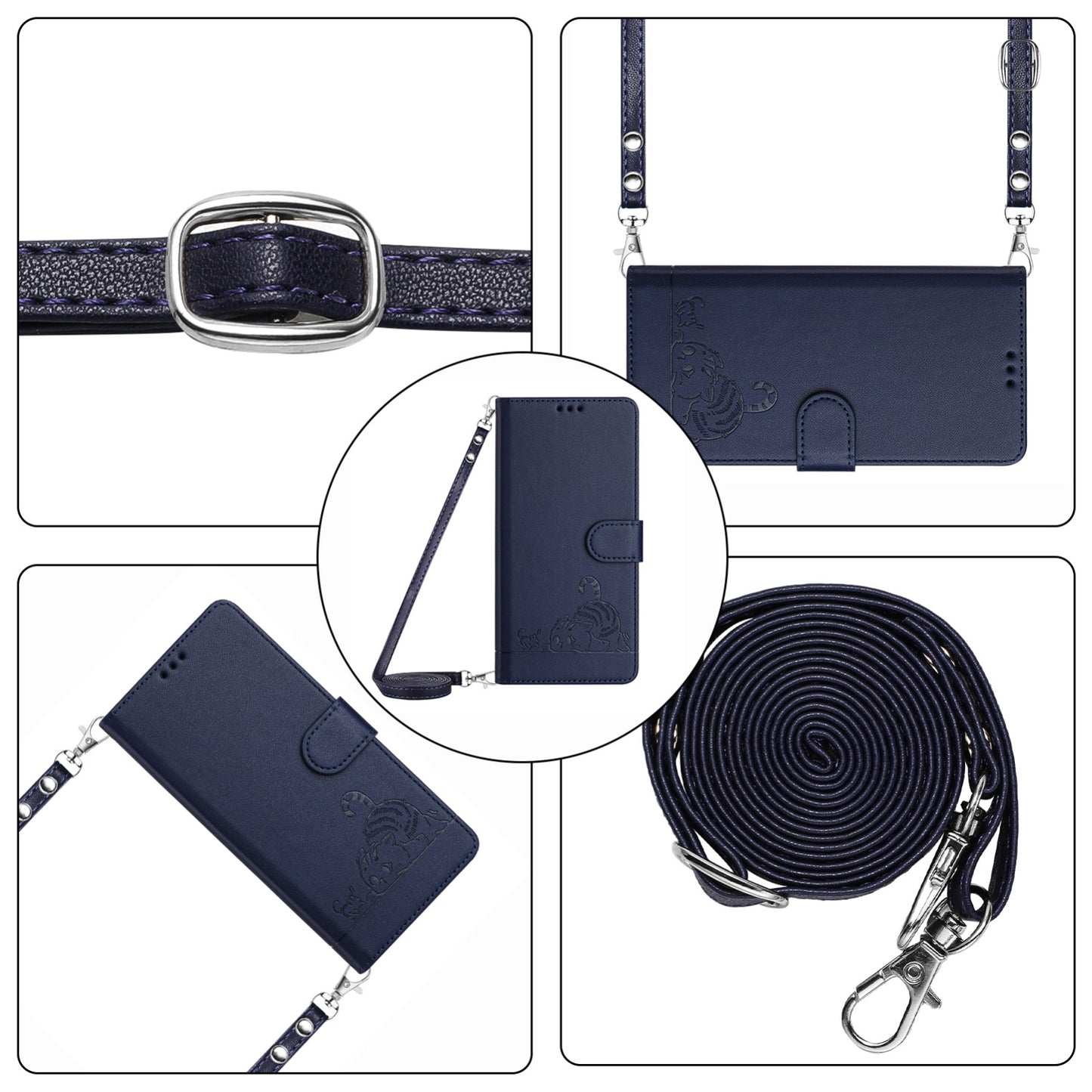 Google Pixel 5 Leather Phone Case with Cat and Rat Embossed Pattern, RFID Protection, Card Holder Slots, Anti-fall Feature & Lanyard