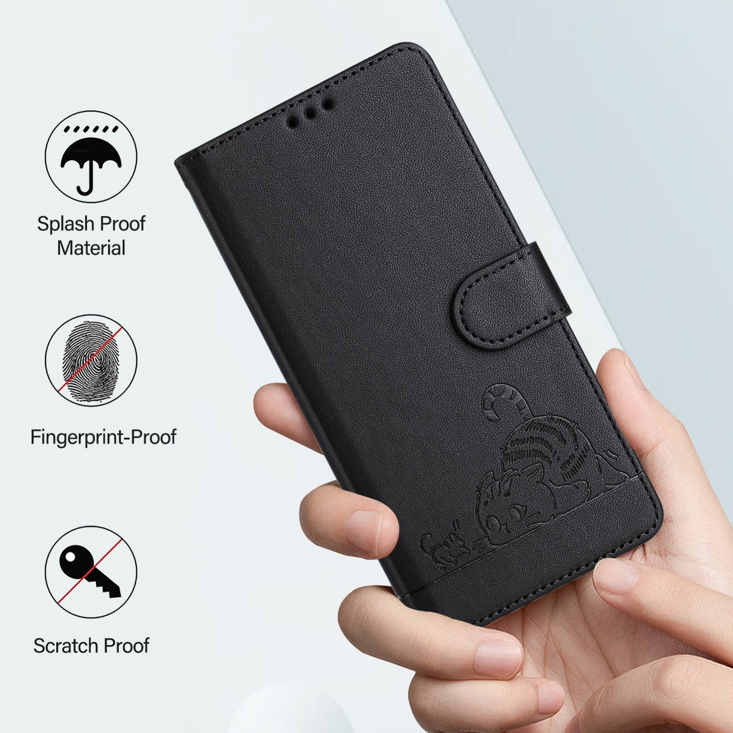 Google Pixel 5 XL Leather Phone Case with Cat and Rat Embossed Pattern, RFID Protection, Card Holder Slots, Anti-fall Feature & Lanyard