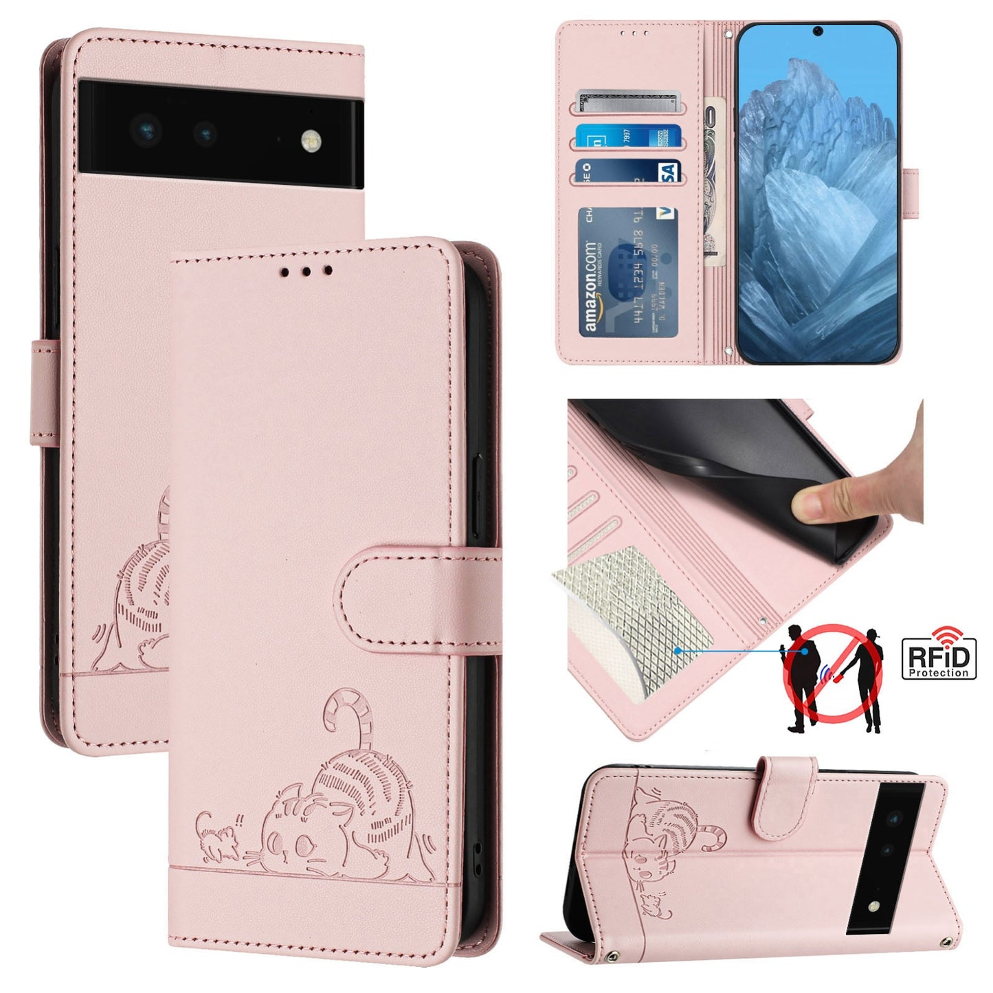 Google Pixel 6 Leather Phone Case with Cat and Rat Embossed Pattern, RFID Protection, Card Holder Slots, Anti-fall Feature & Lanyard