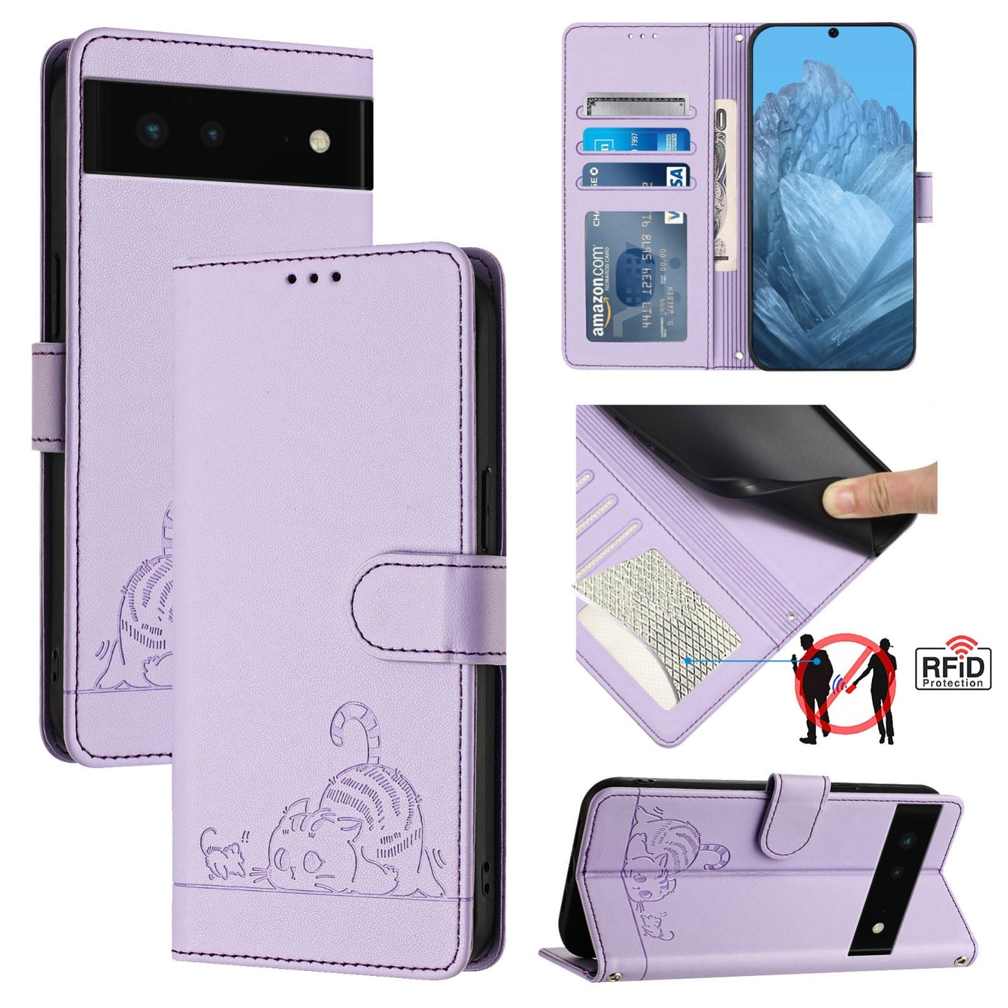 Google Pixel 6 Leather Phone Case with Cat and Rat Embossed Pattern, RFID Protection, Card Holder Slots, Anti-fall Feature & Lanyard