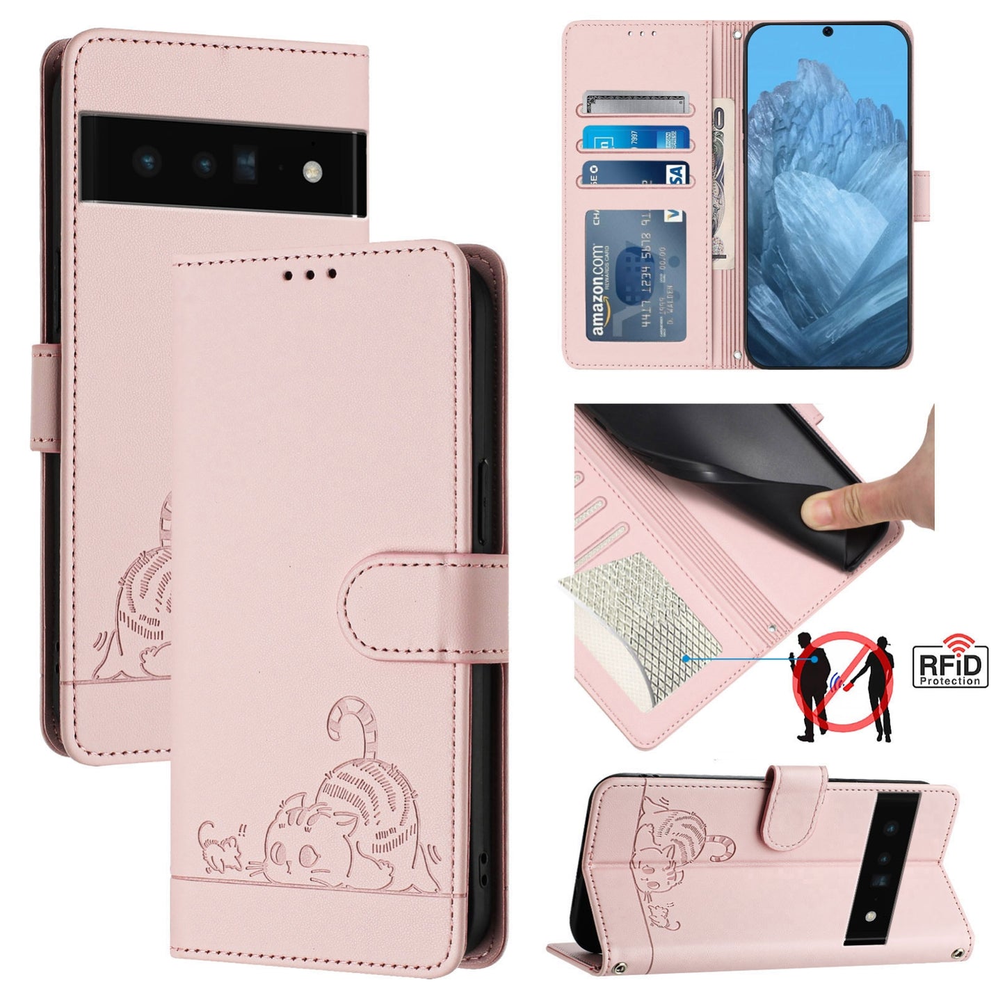 Google Pixel 6 Pro Leather Phone Case with Cat and Rat Embossed Pattern, RFID Protection, Card Holder Slots, Anti-fall Feature & Lanyard